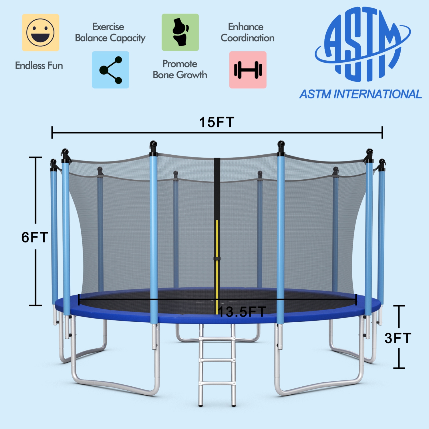 Patiojoy 15Ft Jumping Exercise ASTM Certified Approved Recreational Trampolines with Enclosure Net