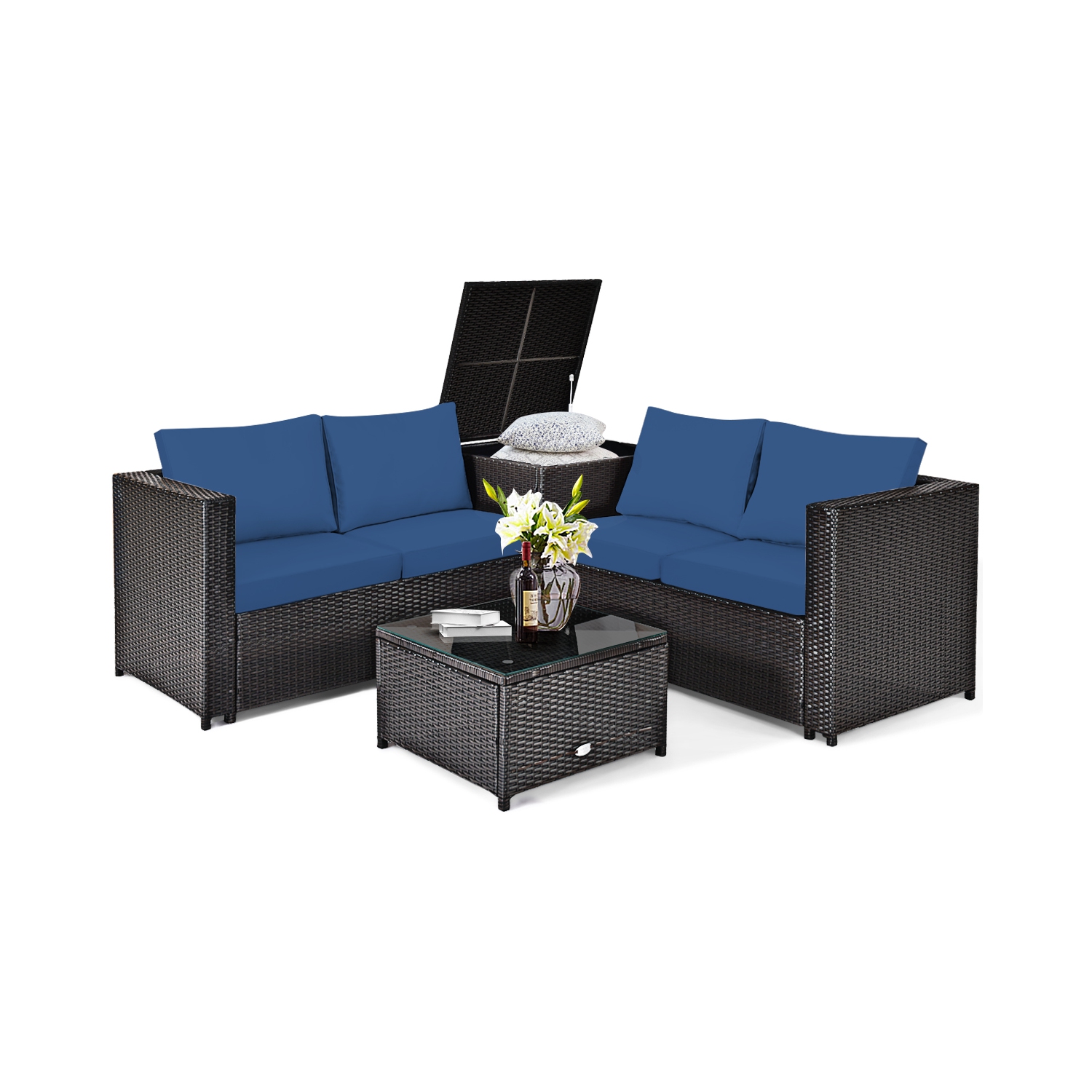 Topbuy Outdoor Rattan Sectional Loveseat Couch Conversation Sofa Set with Storage Box &Coffee Table Red/Navy/Turquoise