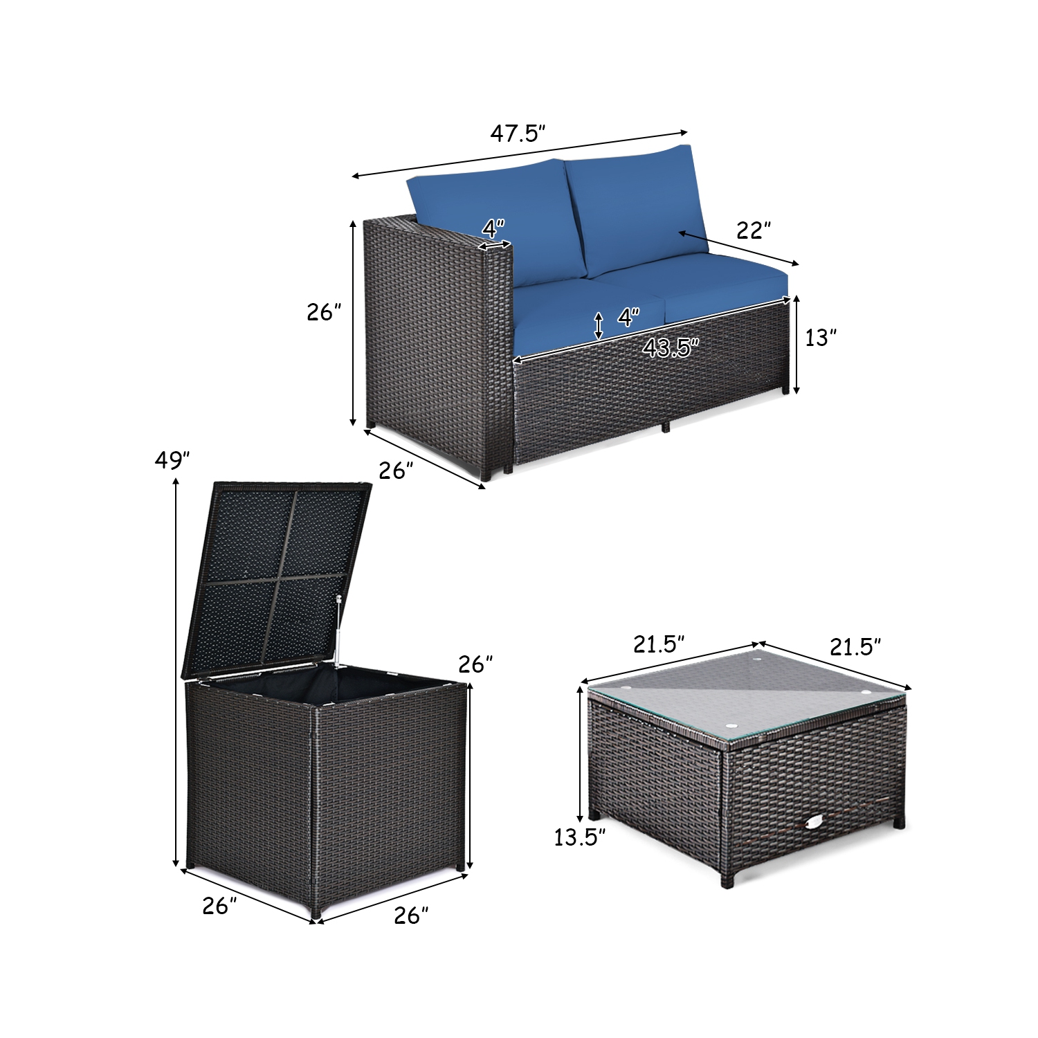 Topbuy Outdoor Rattan Sectional Loveseat Couch Conversation Sofa Set with Storage Box &Coffee Table Red/Navy/Turquoise
