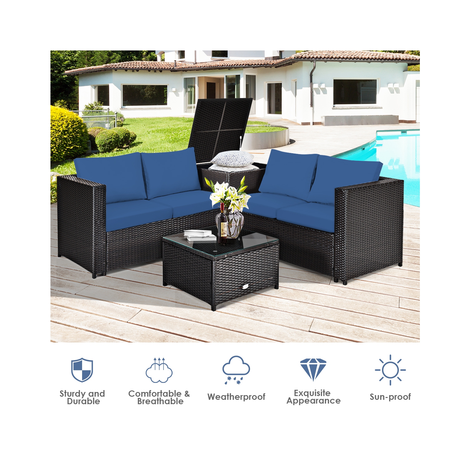 Topbuy Outdoor Rattan Sectional Loveseat Couch Conversation Sofa Set with Storage Box &Coffee Table Red/Navy/Turquoise