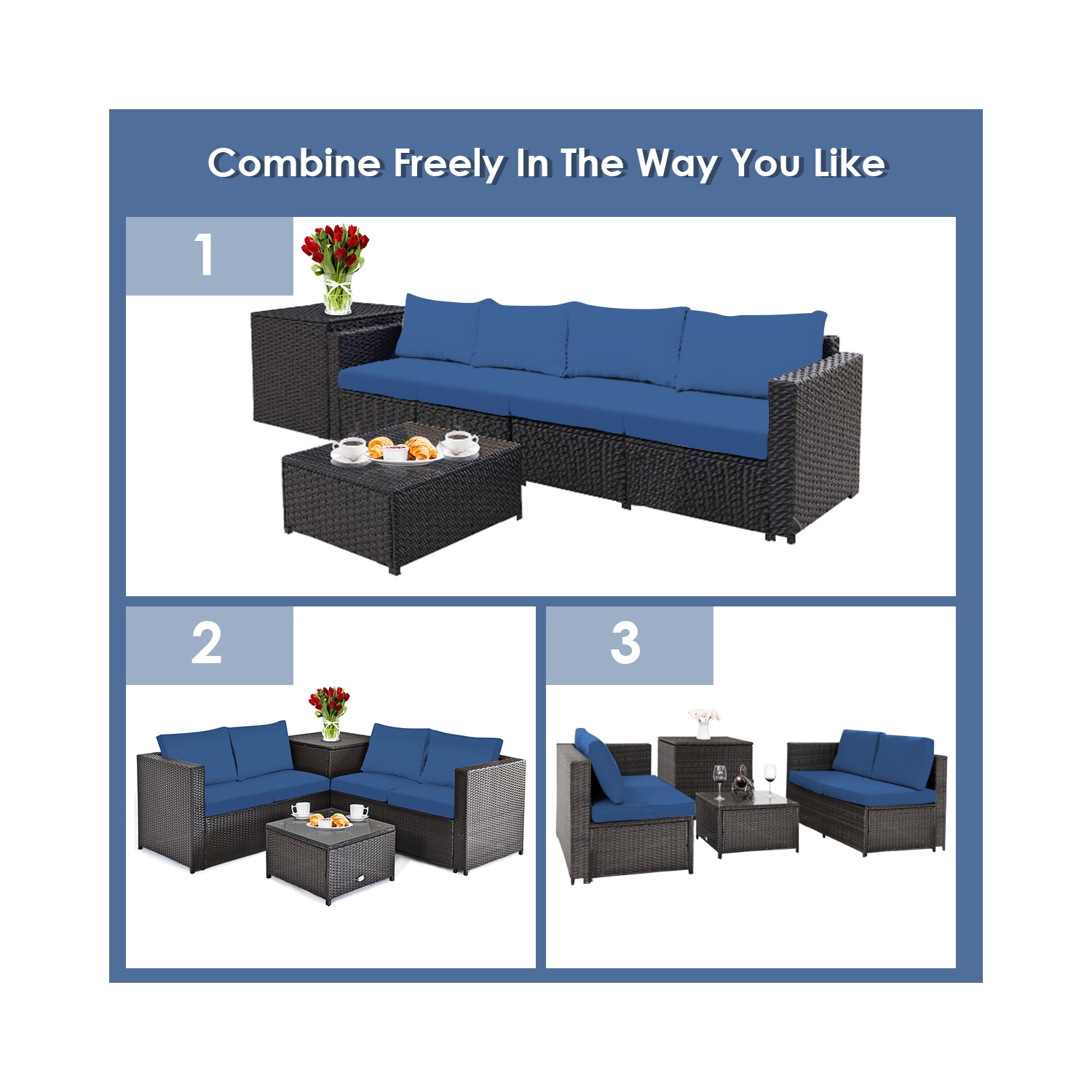 Topbuy Outdoor Rattan Sectional Loveseat Couch Conversation Sofa Set with Storage Box &Coffee Table Red/Navy/Turquoise