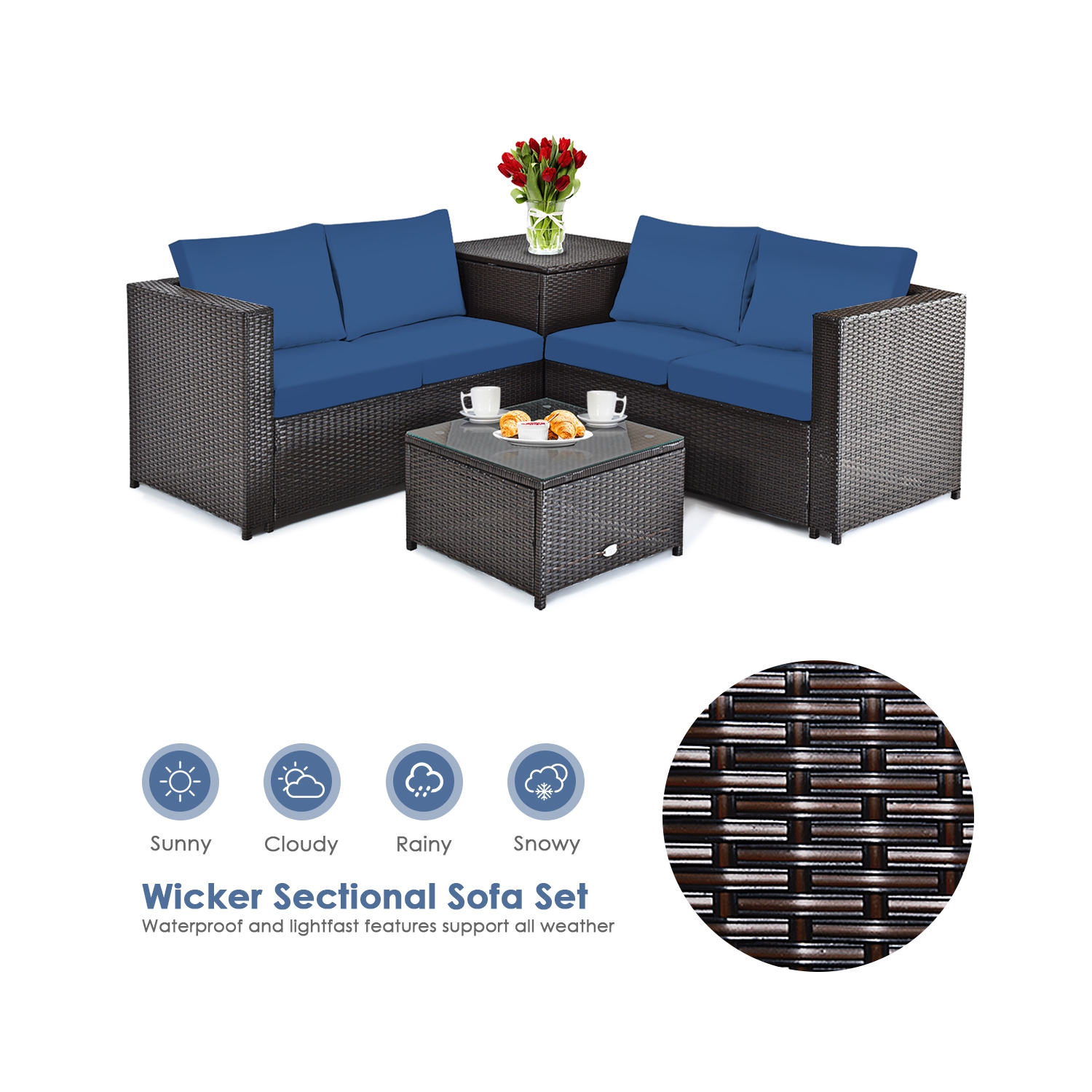 Topbuy Outdoor Rattan Sectional Loveseat Couch Conversation Sofa Set with Storage Box &Coffee Table Red/Navy/Turquoise