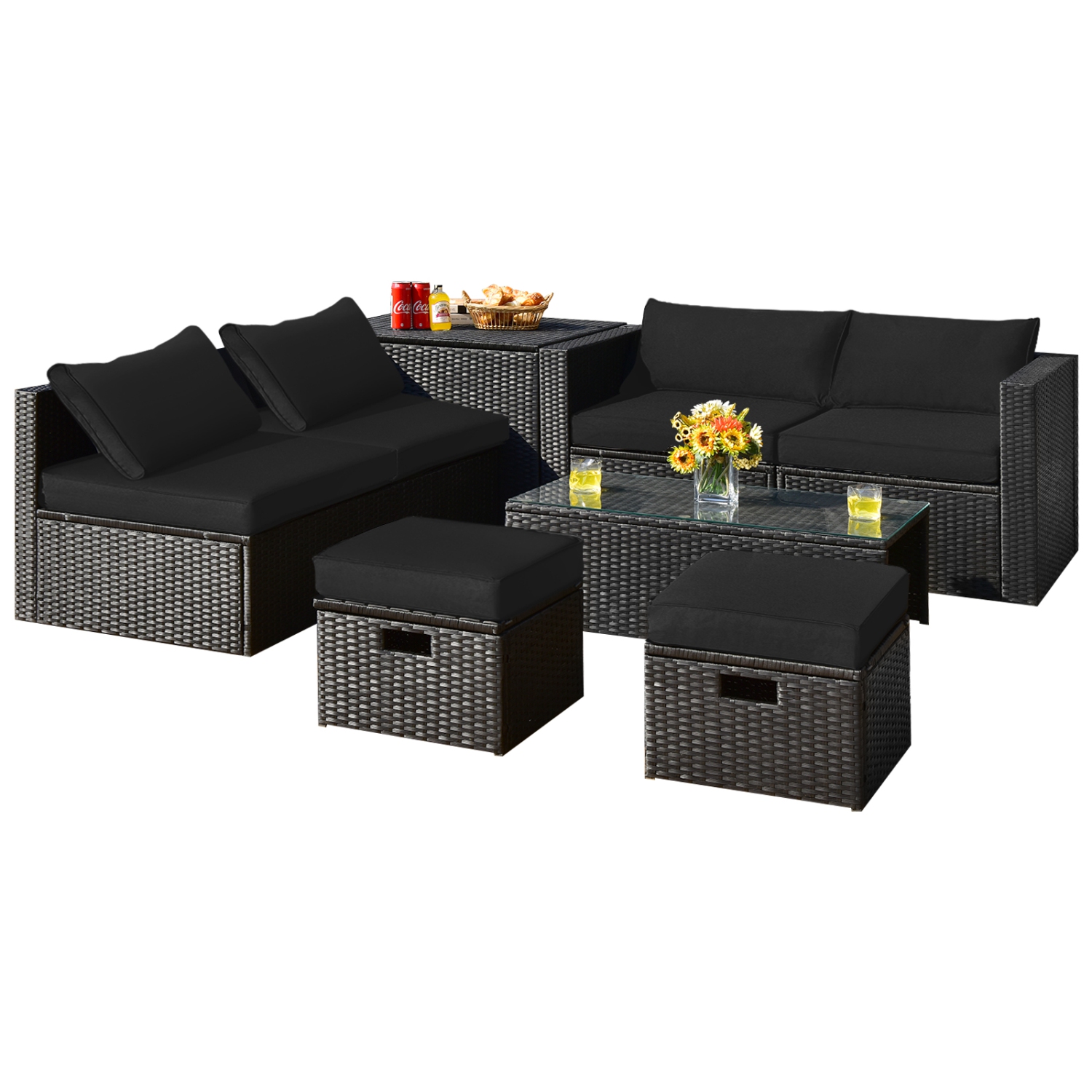 Patiojoy 8PCS Patio Conversation Set Sectional Sofa Set, All-Weather PE Rattan, Tempered Glass Table & Washable Cushion Covers