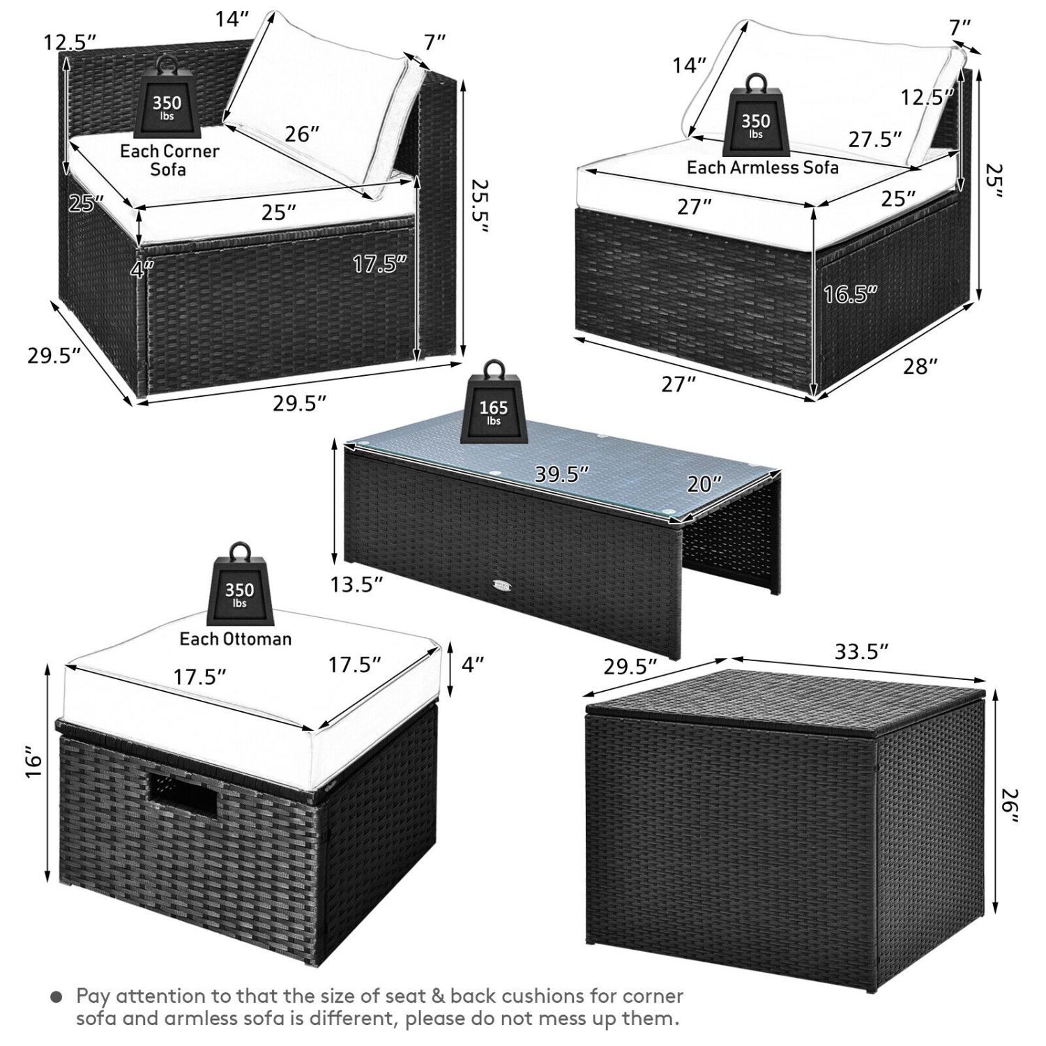 Patiojoy 8PCS Patio Conversation Set Sectional Sofa Set, All-Weather PE Rattan, Tempered Glass Table & Washable Cushion Covers