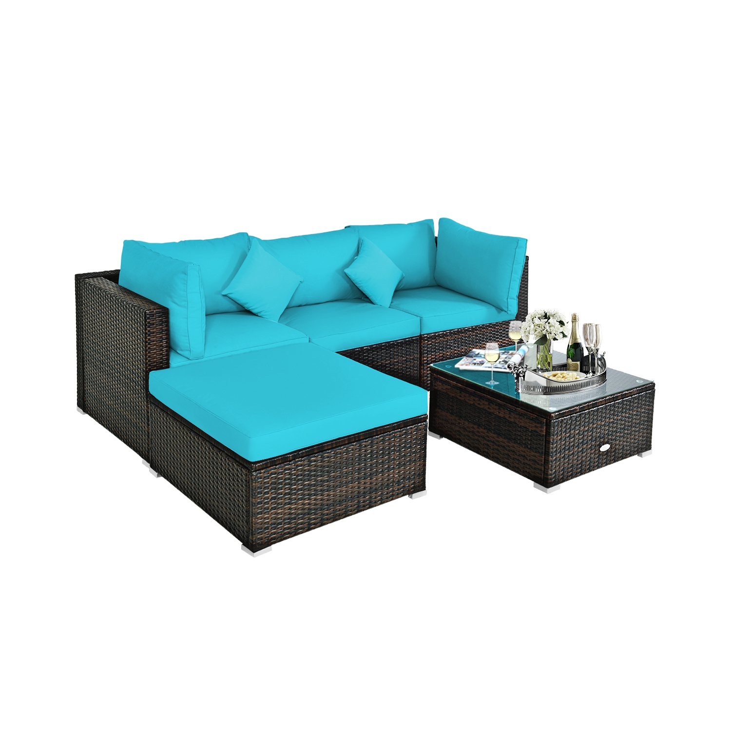 Topbuy Outdoor Rattan Sectional Loveseat Couch Conversation Sofa Set with Storage Box &Coffee Table Red/Navy/Turquoise