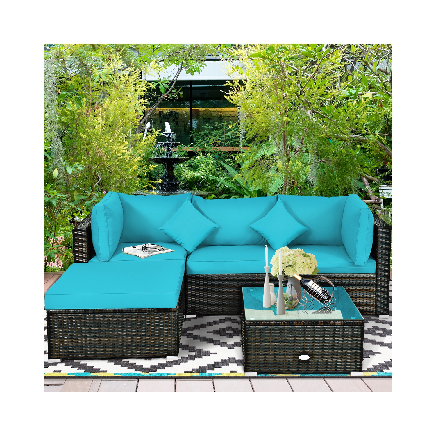 Topbuy Outdoor Rattan Sectional Loveseat Couch Conversation Sofa Set with Storage Box &Coffee Table Red/Navy/Turquoise