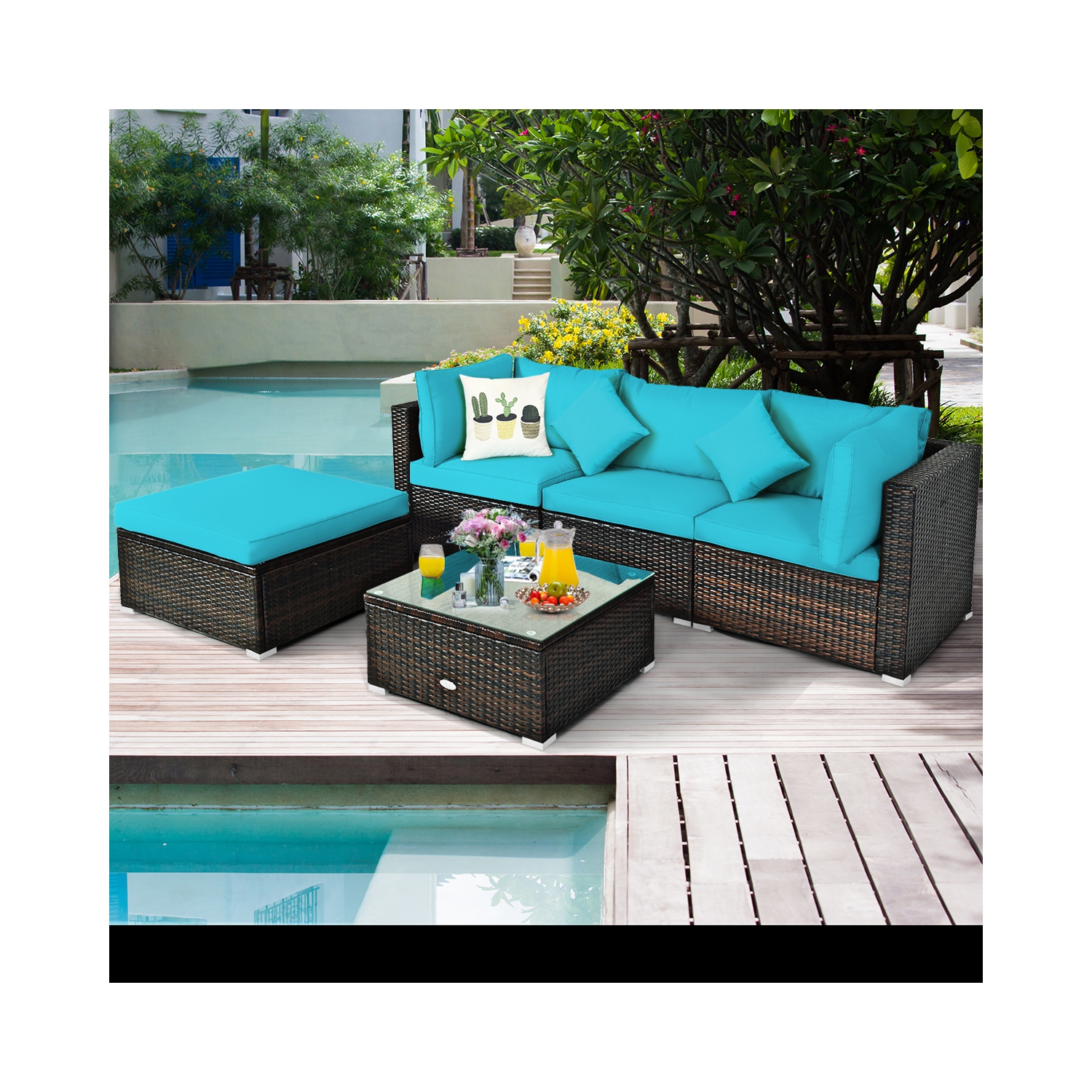 Topbuy Outdoor Rattan Sectional Loveseat Couch Conversation Sofa Set with Storage Box &Coffee Table Red/Navy/Turquoise