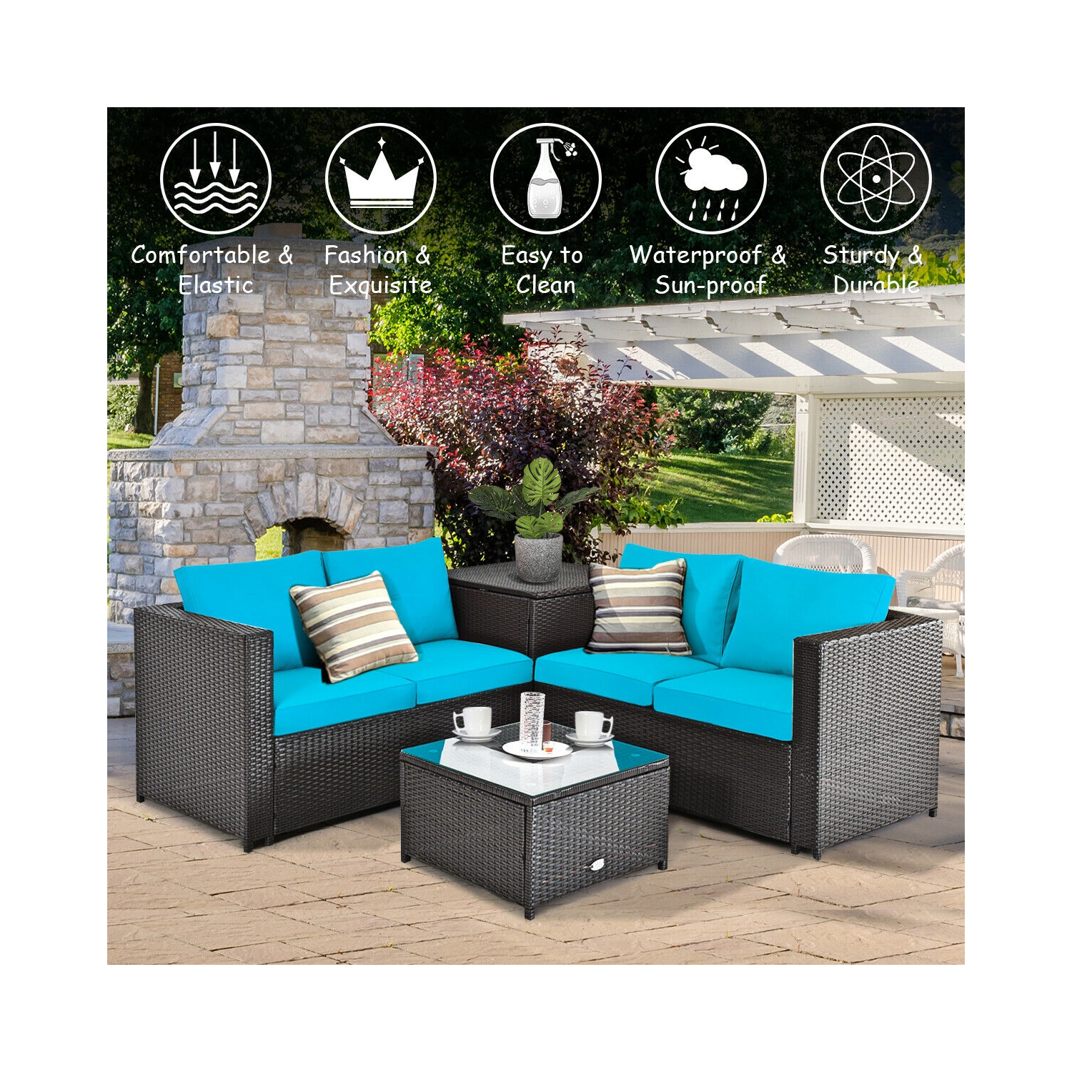 Topbuy Outdoor Rattan Sectional Loveseat Couch Conversation Sofa Set with Storage Box &Coffee Table Red/Navy/Turquoise