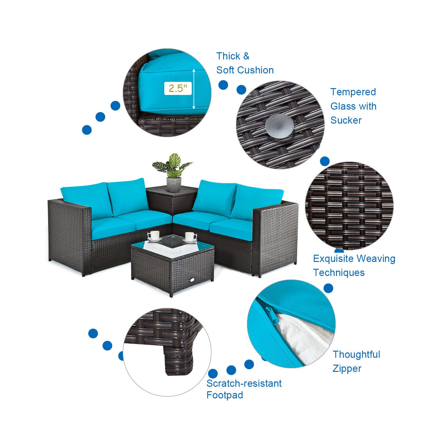 Topbuy Outdoor Rattan Sectional Loveseat Couch Conversation Sofa Set with Storage Box &Coffee Table Red/Navy/Turquoise