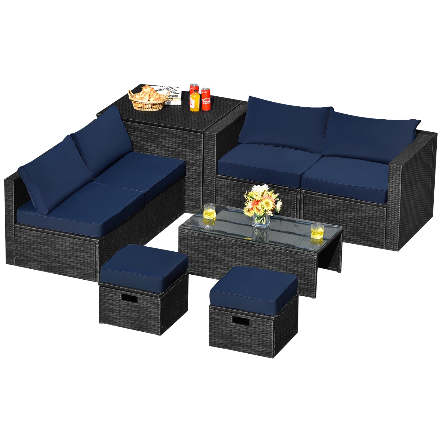 Patiojoy 8PCS Patio Conversation Set Sectional Sofa Set, All-Weather PE Rattan, Tempered Glass Table & Washable Cushion Covers