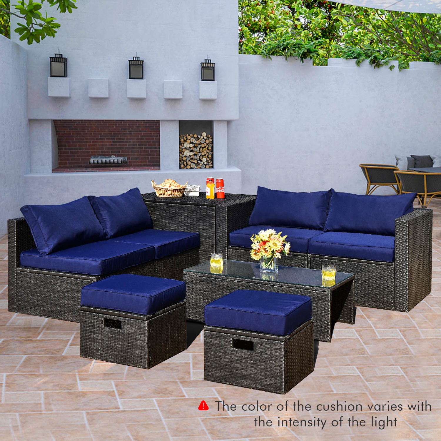 Patiojoy 8PCS Patio Conversation Set Sectional Sofa Set, All-Weather PE Rattan, Tempered Glass Table & Washable Cushion Covers