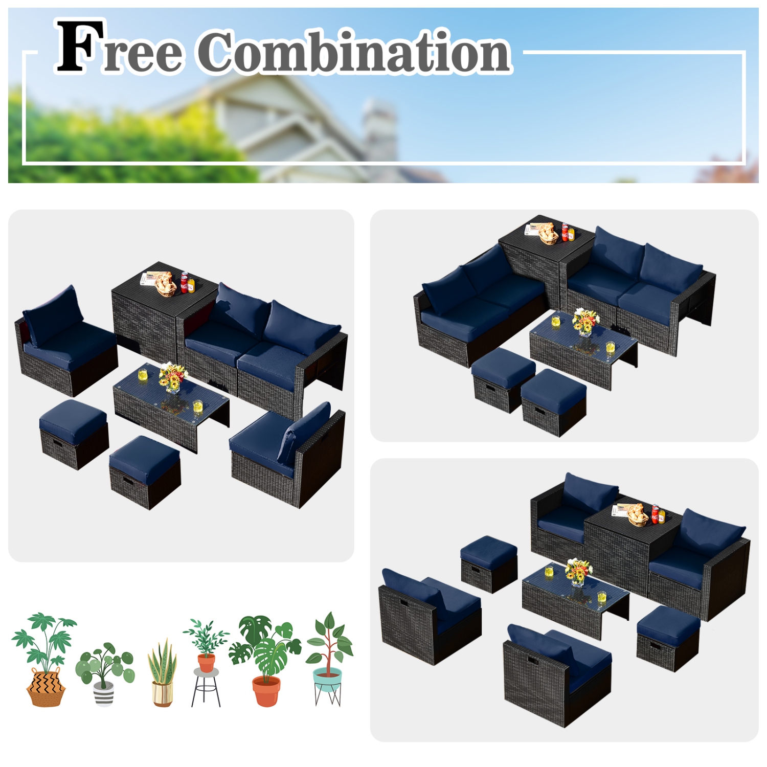 Patiojoy 8PCS Patio Conversation Set Sectional Sofa Set, All-Weather PE Rattan, Tempered Glass Table & Washable Cushion Covers