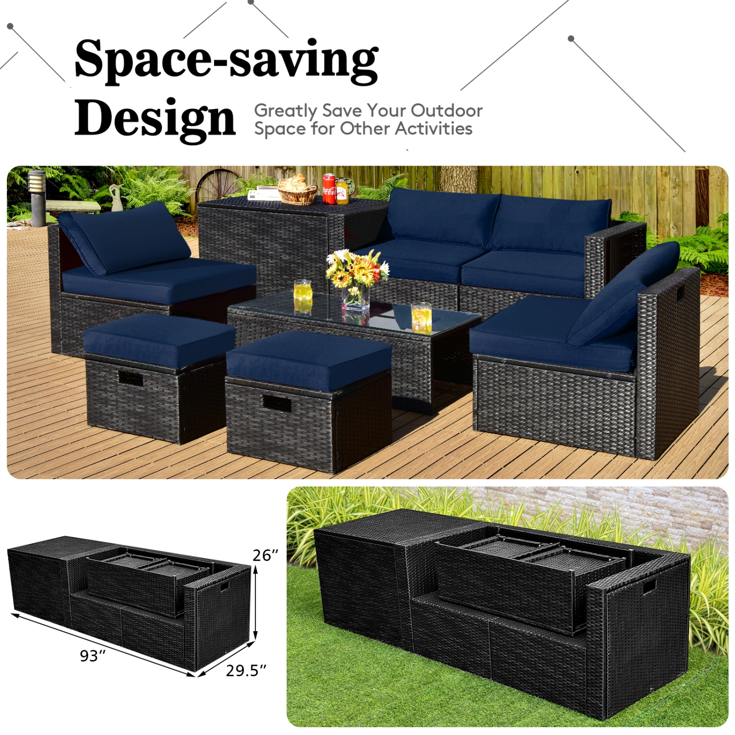 Patiojoy 8PCS Patio Conversation Set Sectional Sofa Set, All-Weather PE Rattan, Tempered Glass Table & Washable Cushion Covers
