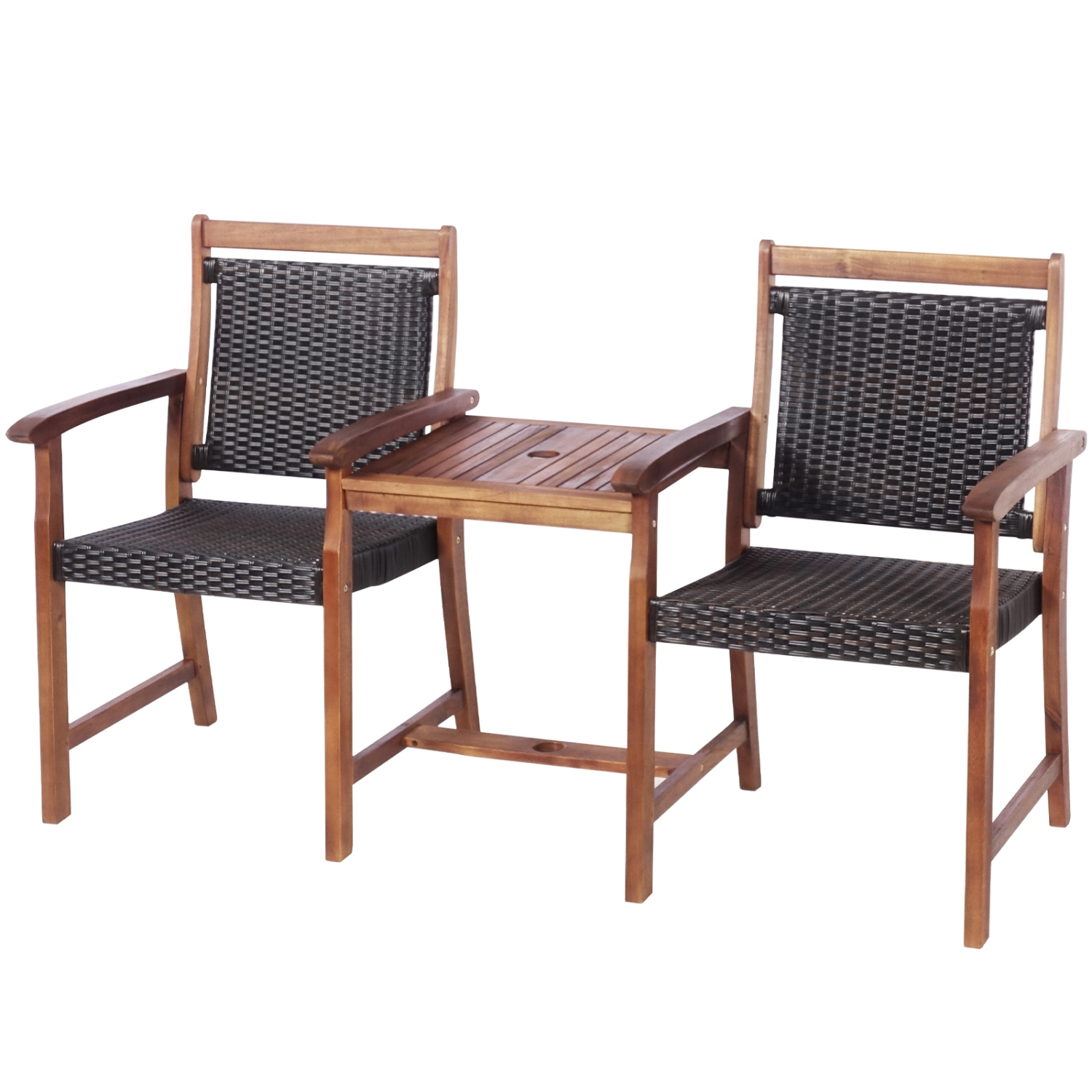 Banc en bois d’acacia avec table et orifice pour parasol, causeuse en rotin de PatioJoy - Brun rustique