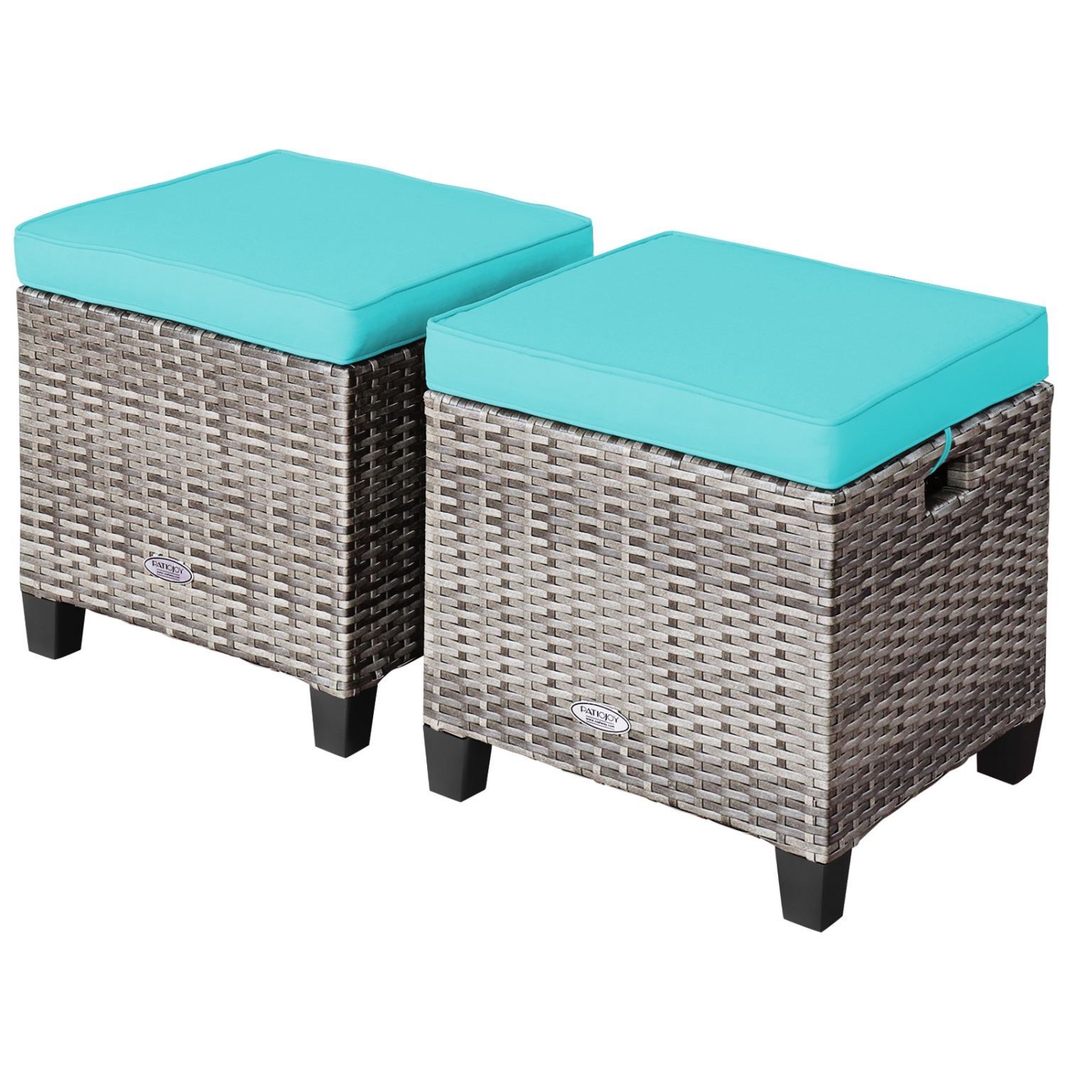 Patiojoy Set of 2 Outdoor Rattan Cushioned Ottoman Seat All Weather Patio Footrest Red/Turquoise