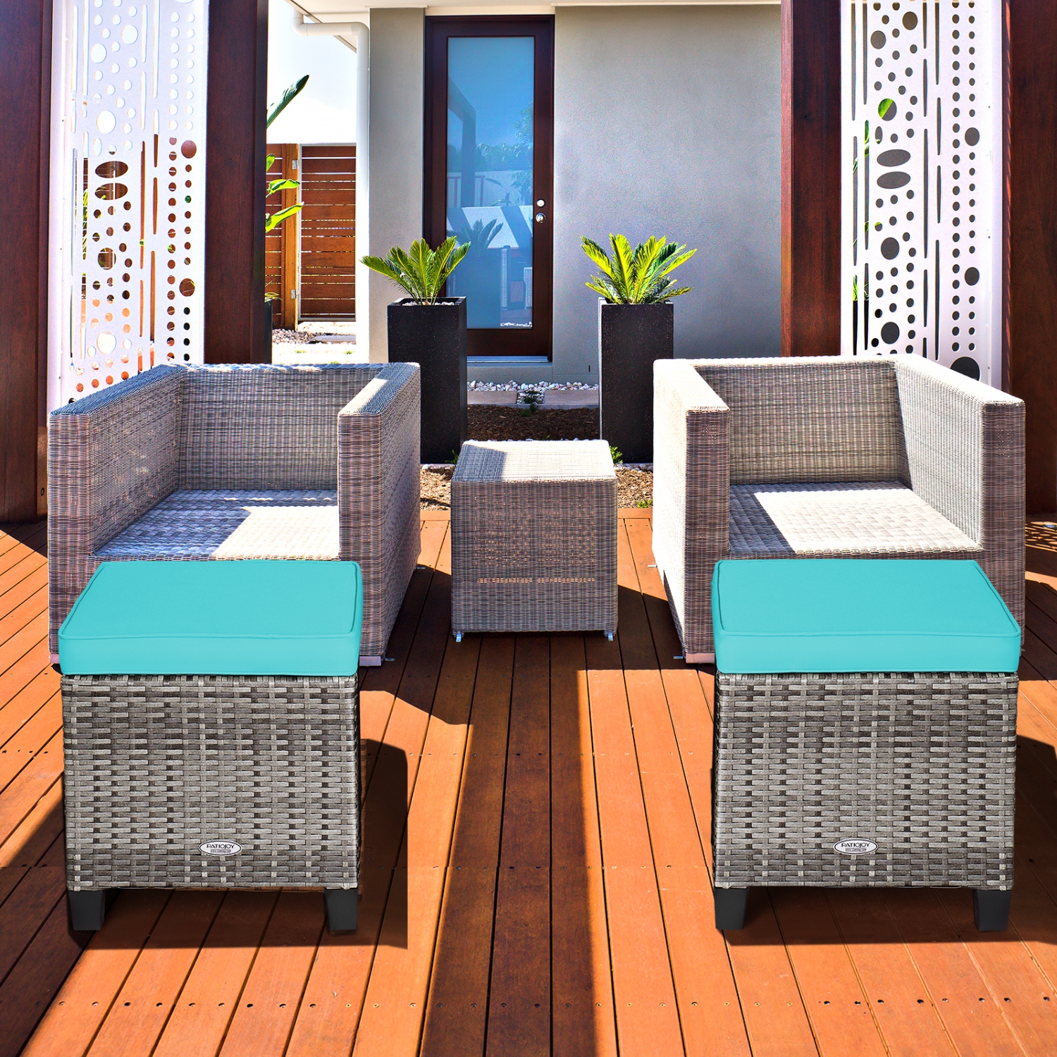 Patiojoy Set of 2 Outdoor Rattan Cushioned Ottoman Seat All Weather Patio Footrest Red/Turquoise