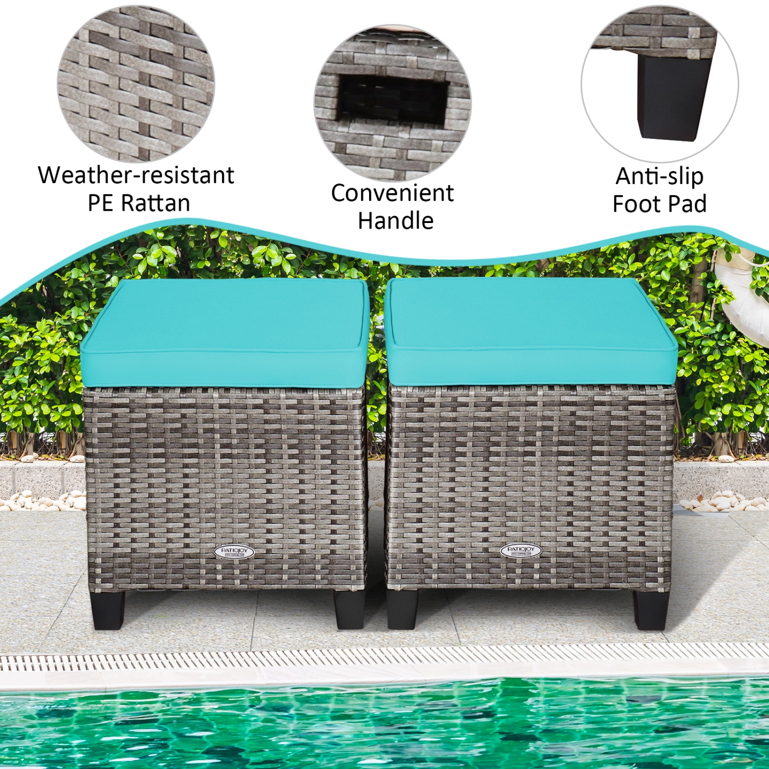 Patiojoy Set of 2 Outdoor Rattan Cushioned Ottoman Seat All Weather Patio Footrest Red/Turquoise