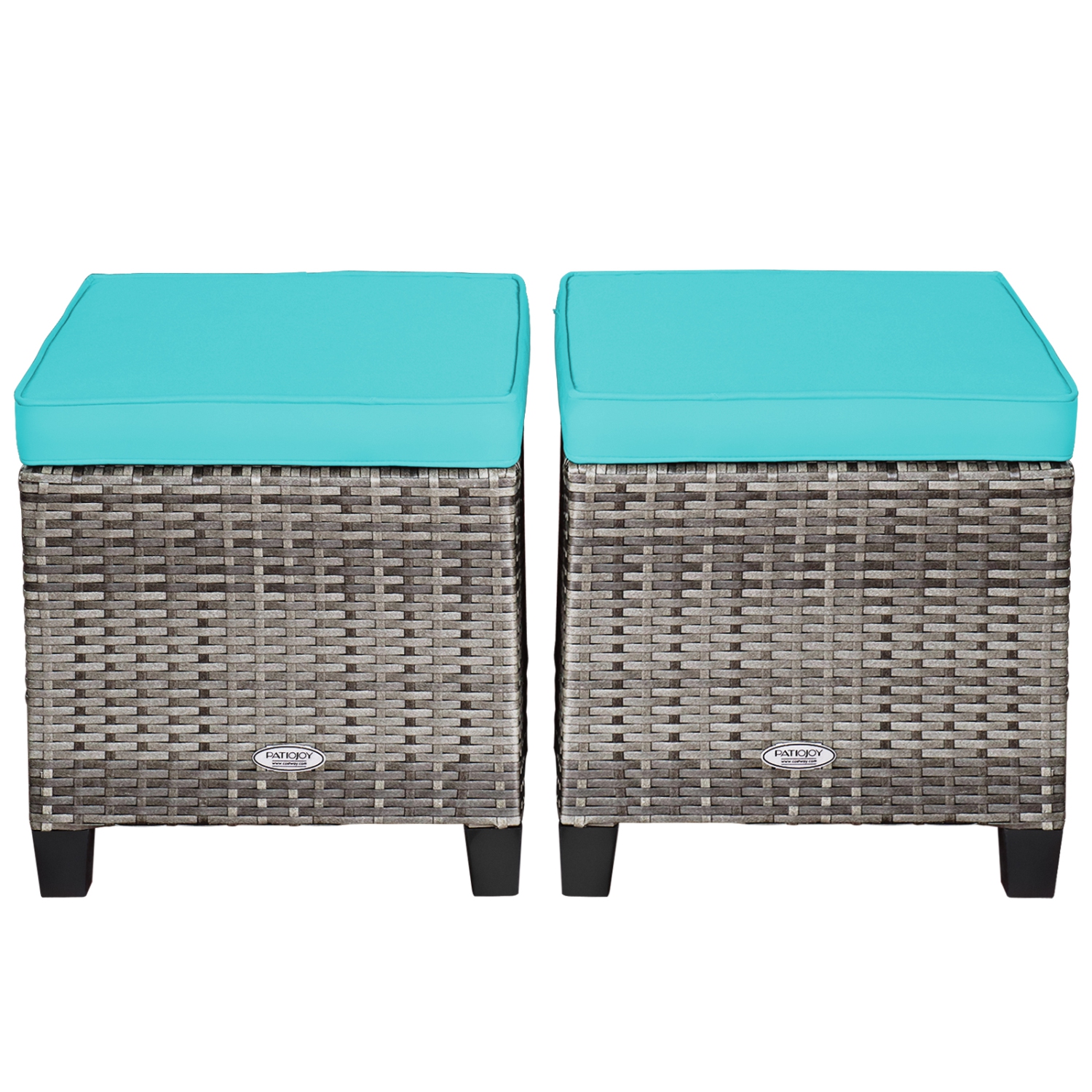 Patiojoy Set of 2 Outdoor Rattan Cushioned Ottoman Seat All Weather Patio Footrest Red/Turquoise