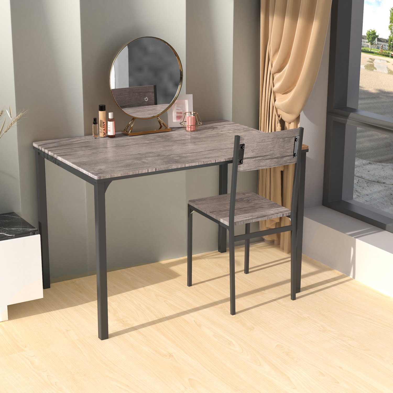 TopBuy – Ensemble table de salle à manger 4PCS avec banc et chaises, ensemble de salle à manger de style industriel Gathering, brun/gris
