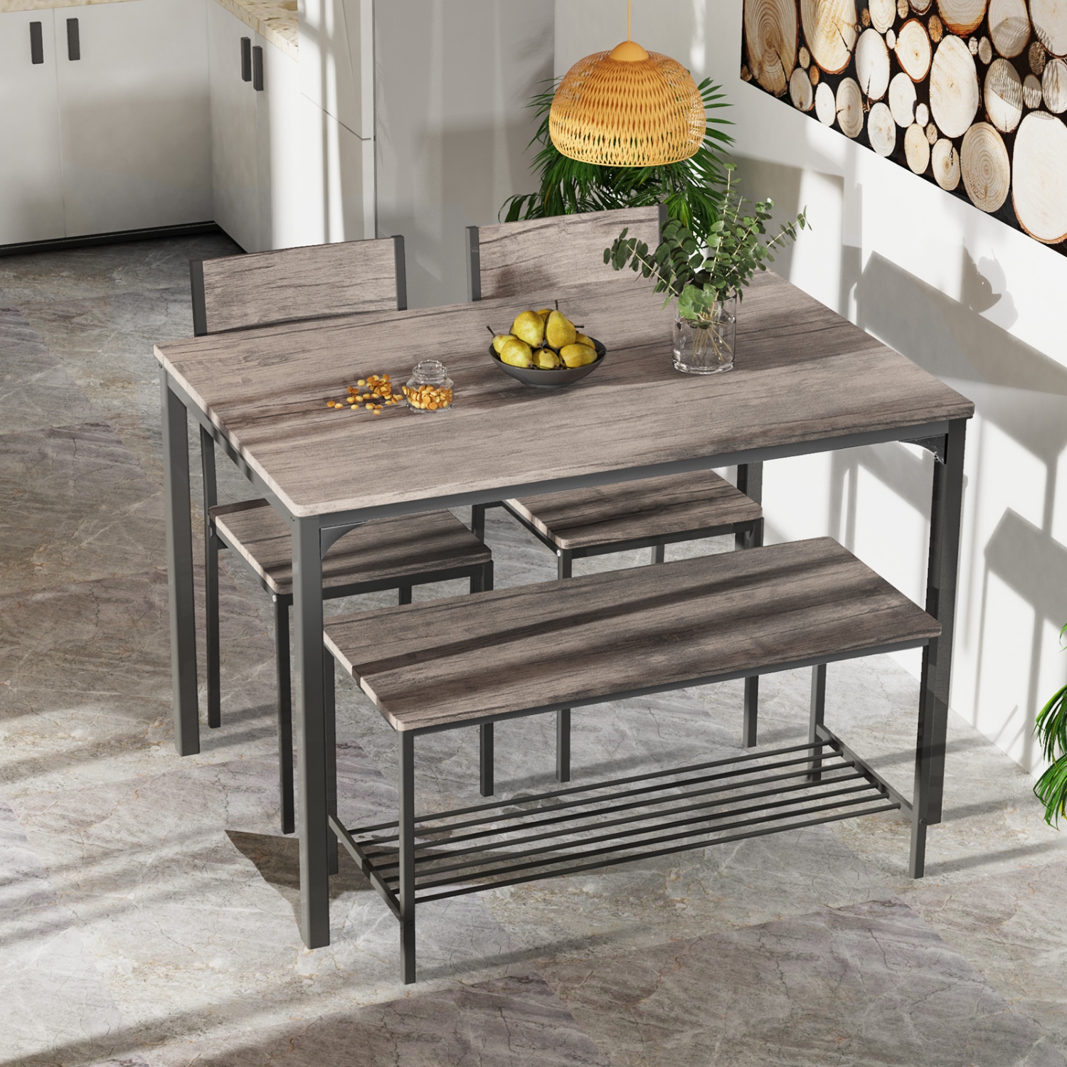 TopBuy – Ensemble table de salle à manger 4PCS avec banc et chaises, ensemble de salle à manger de style industriel Gathering, brun/gris