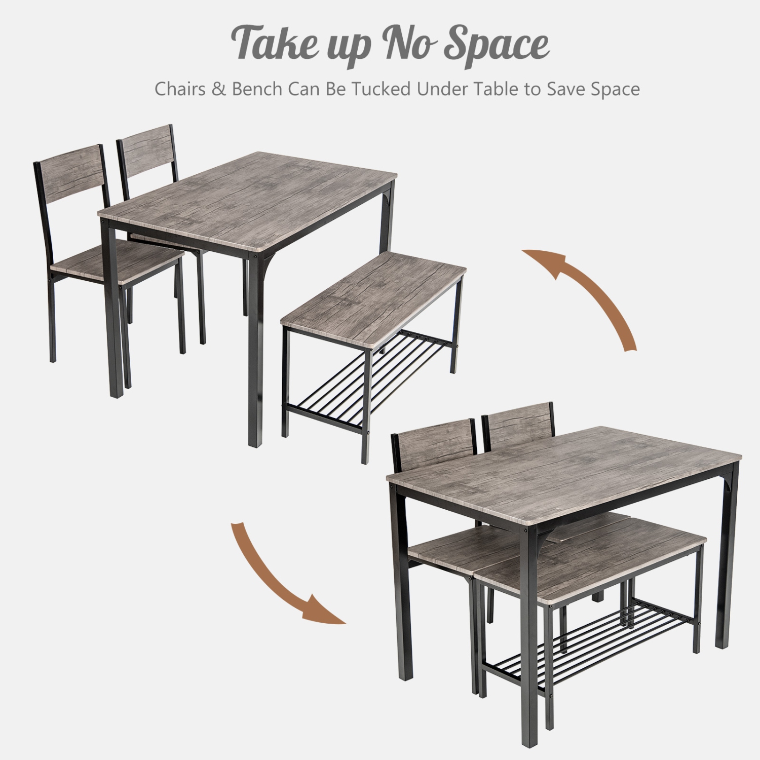 TopBuy – Ensemble table de salle à manger 4PCS avec banc et chaises, ensemble de salle à manger de style industriel Gathering, brun/gris