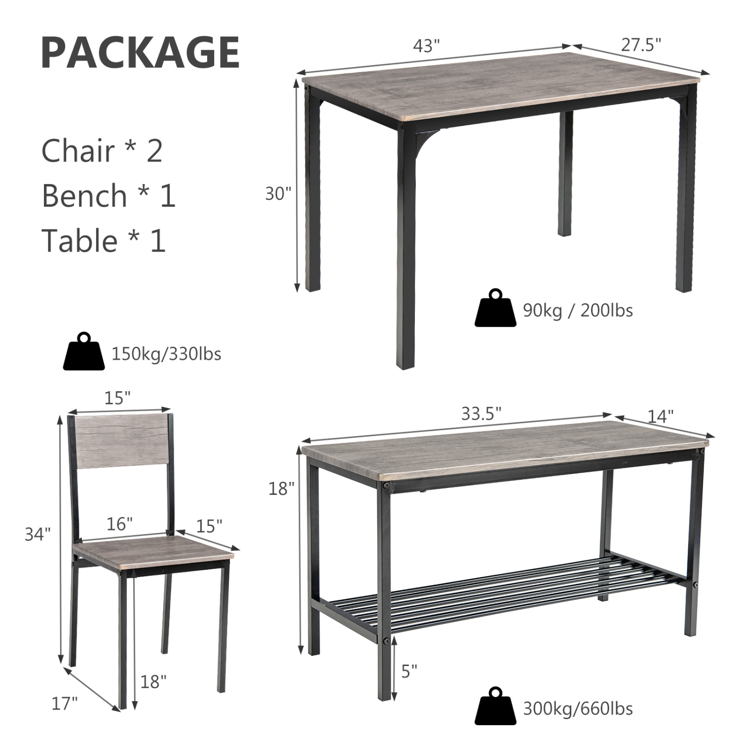 TopBuy – Ensemble table de salle à manger 4PCS avec banc et chaises, ensemble de salle à manger de style industriel Gathering, brun/gris