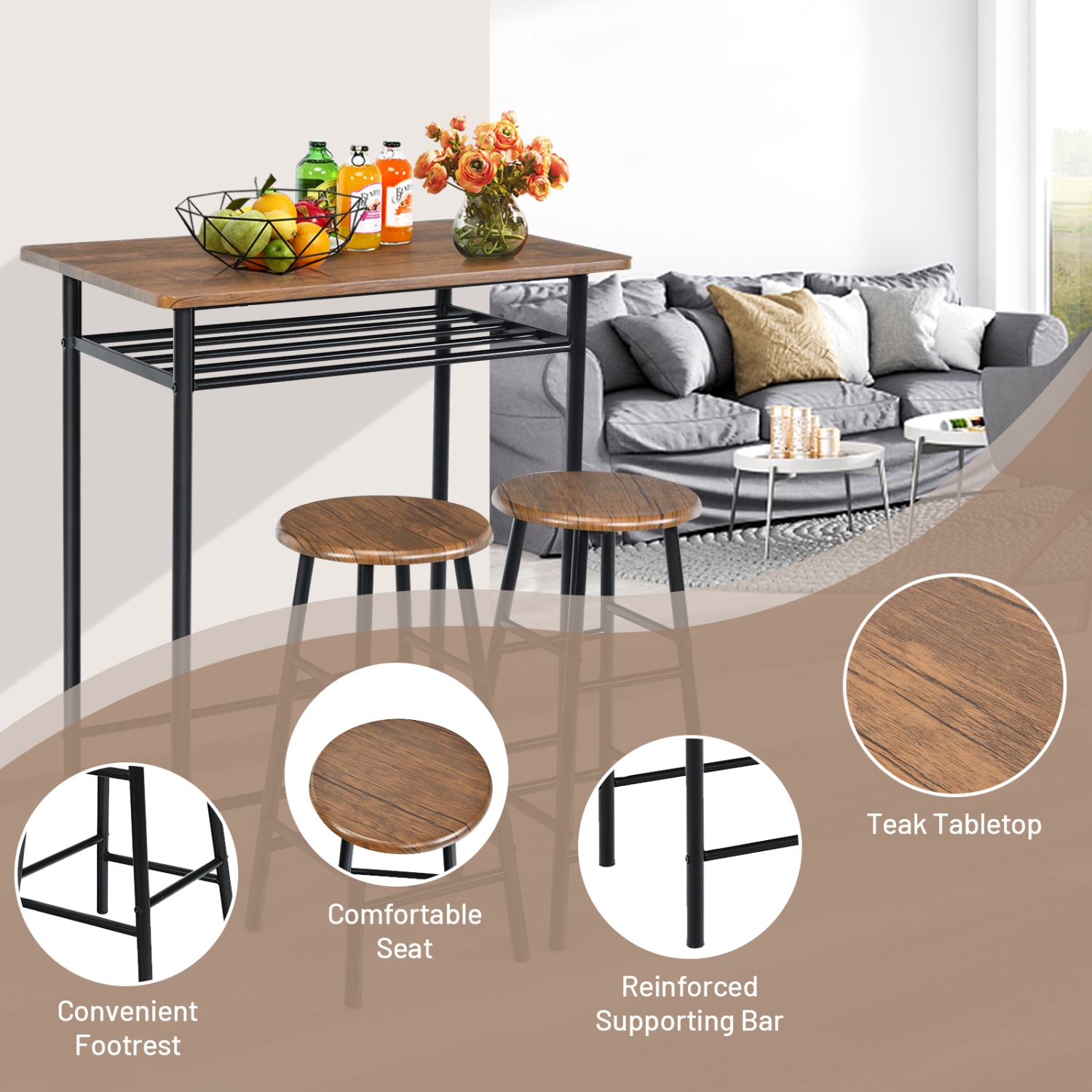 TopBuy – Ensemble de bar 3 pièces avec table et chaises, hauteur de comptoir, table bistro et 2 tabourets, ensemble de salle à manger rectangulaire