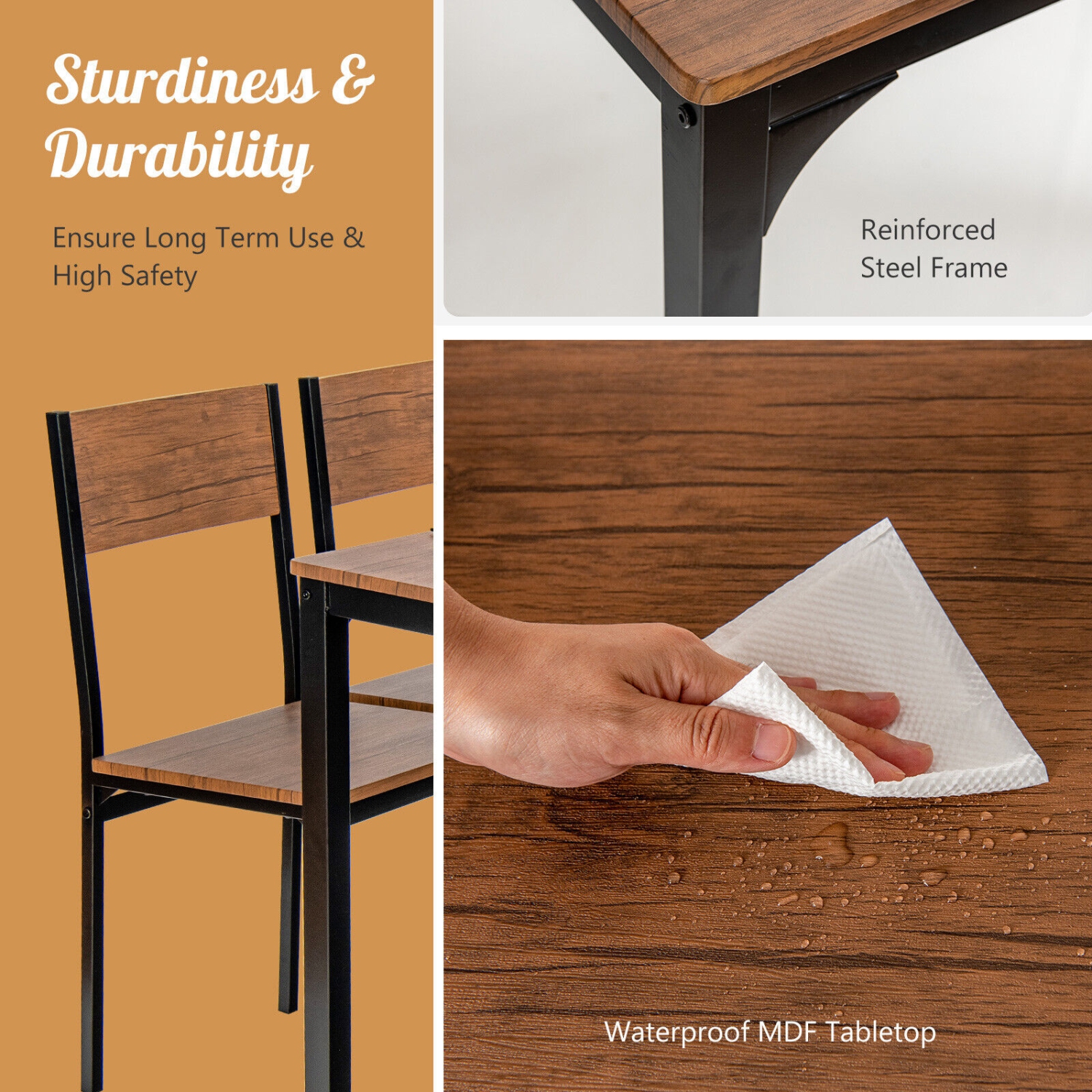 Topbuy 4PCS Dining Table Set Kitchen Table with Bench and Chairs Industrial Gathering Bench Dining Set Brown/Grey