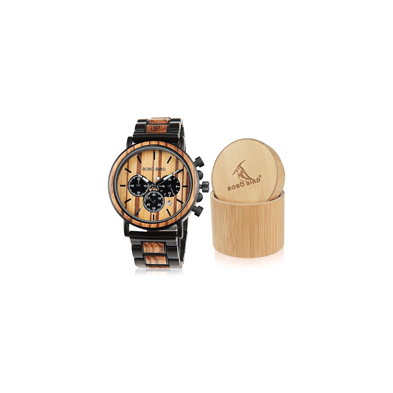 Men’s Wooden & Stainless Steel Chronograph Watch – Luminous Hands, Date Display, Gift Box Included – Classic Analog Timepiece for Casual or Formal