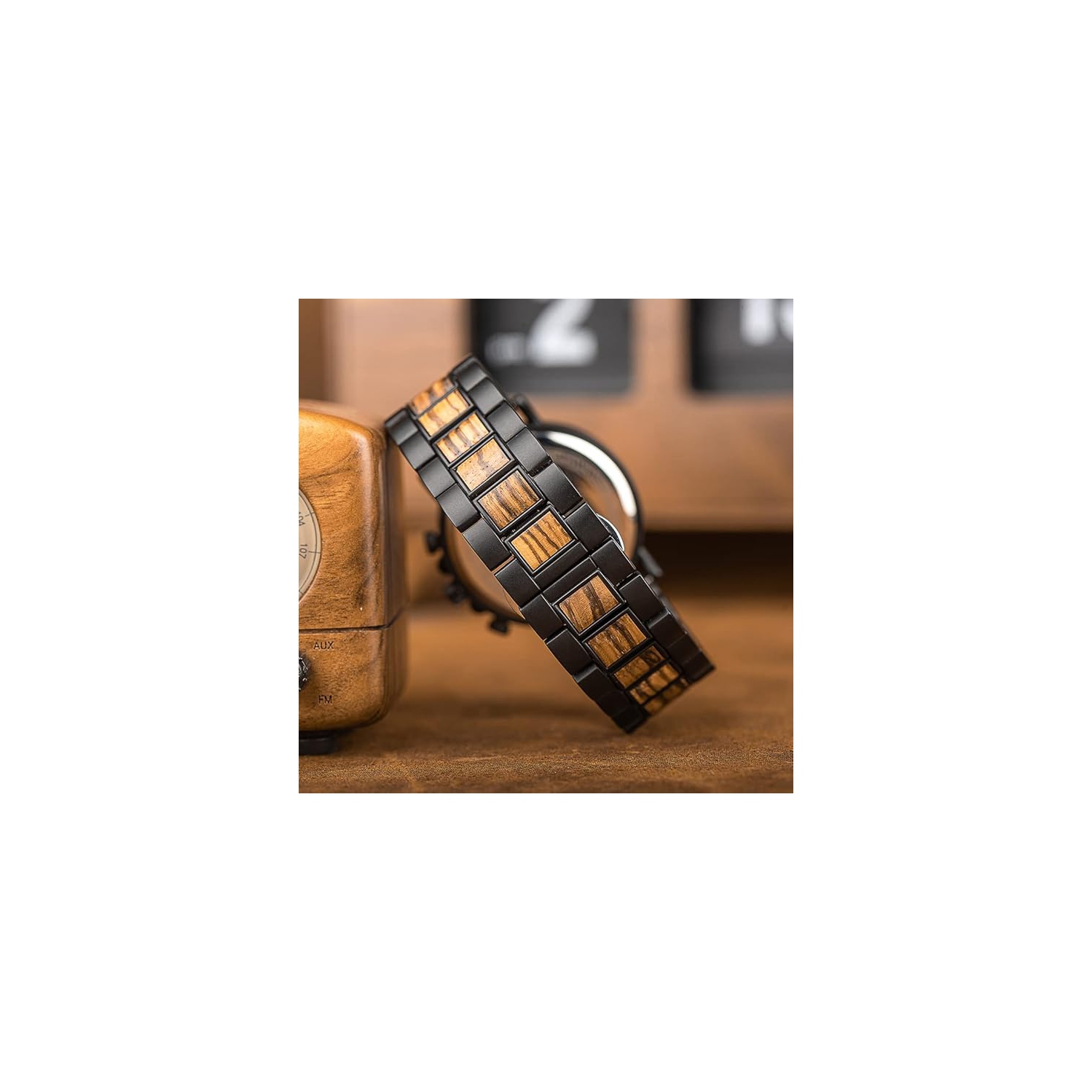 Men’s Wooden & Stainless Steel Chronograph Watch – Luminous Hands, Date Display, Gift Box Included – Classic Analog Timepiece for Casual or Formal