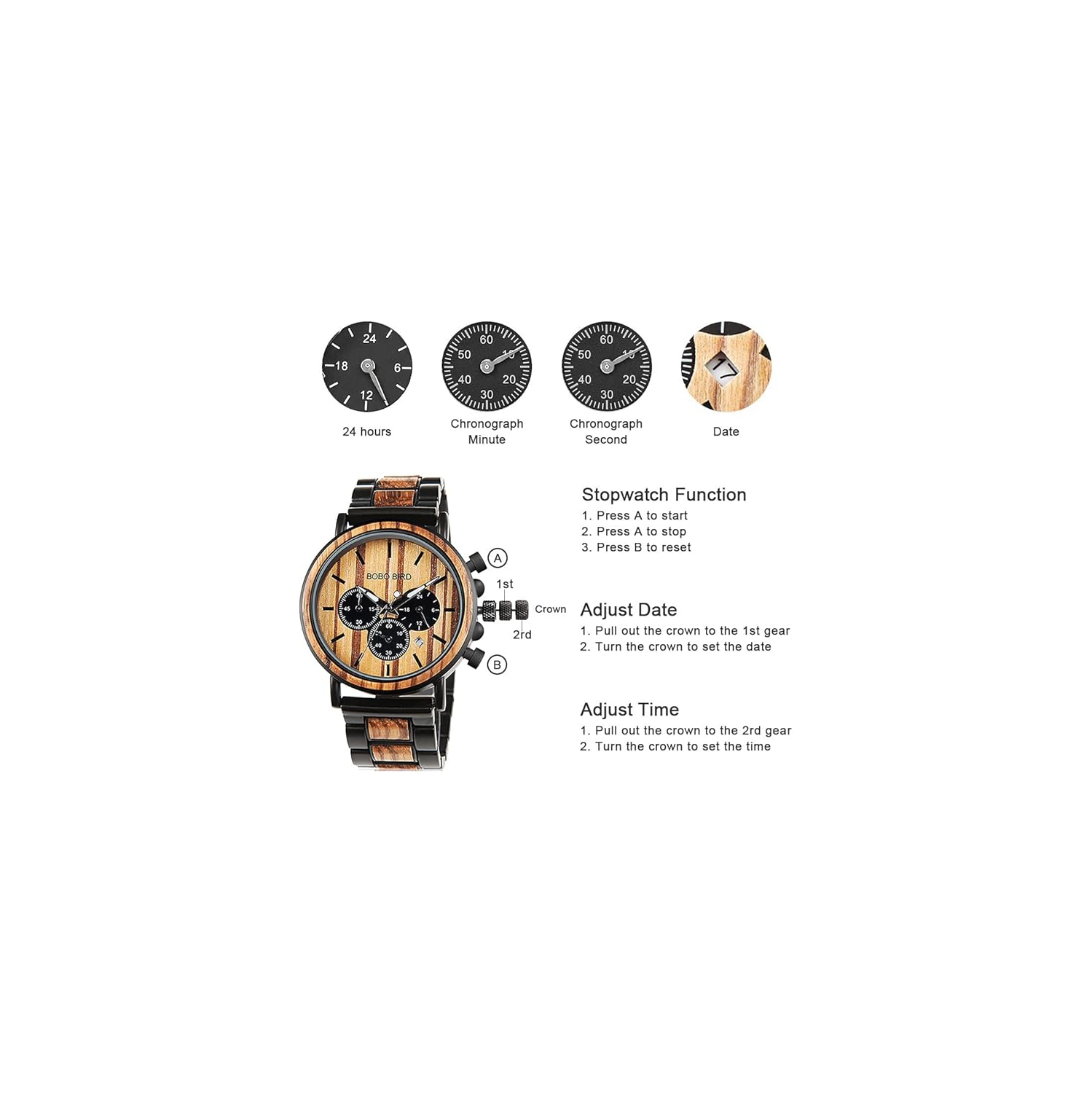 Men’s Wooden & Stainless Steel Chronograph Watch – Luminous Hands, Date Display, Gift Box Included – Classic Analog Timepiece for Casual or Formal