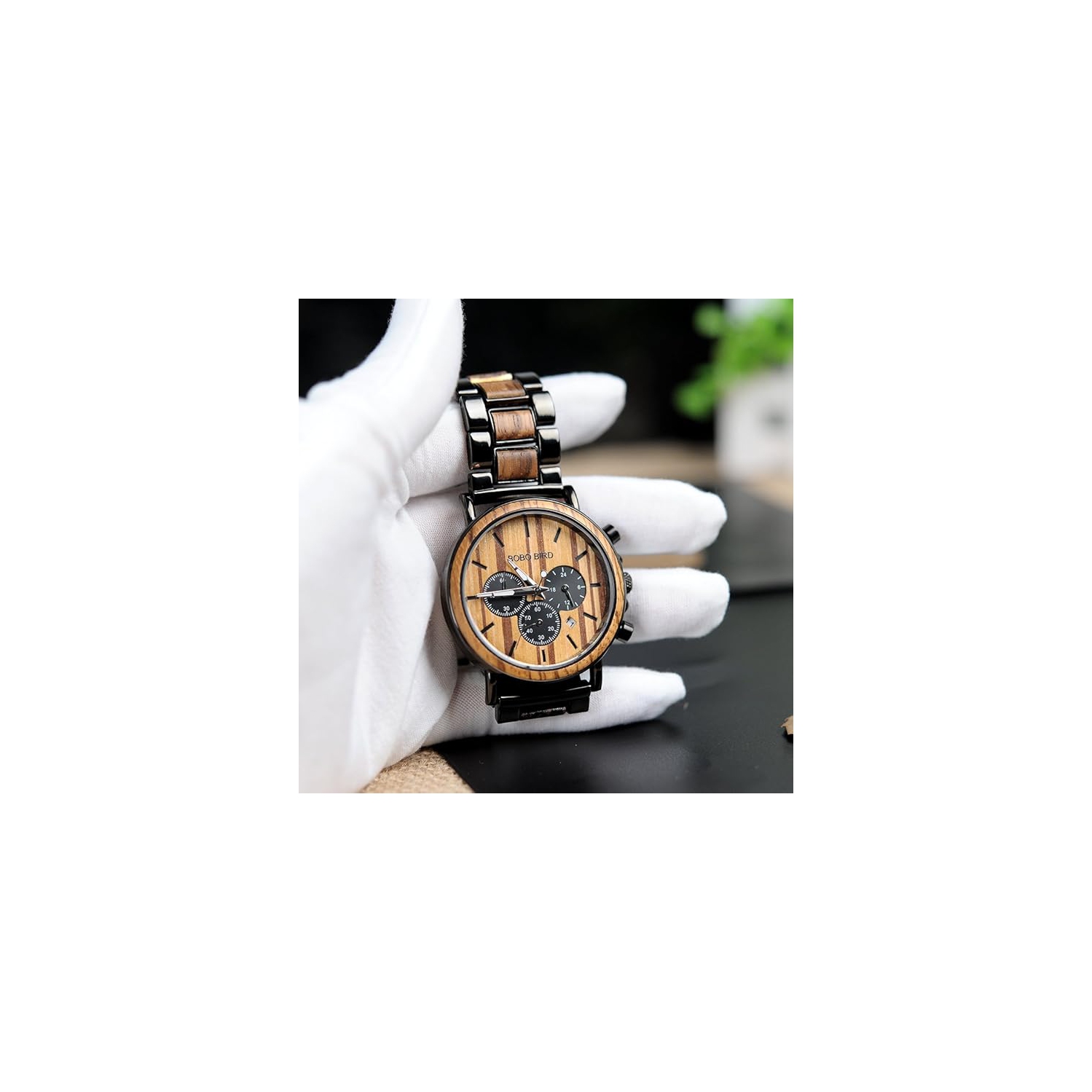 Men’s Wooden & Stainless Steel Chronograph Watch – Luminous Hands, Date Display, Gift Box Included – Classic Analog Timepiece for Casual or Formal