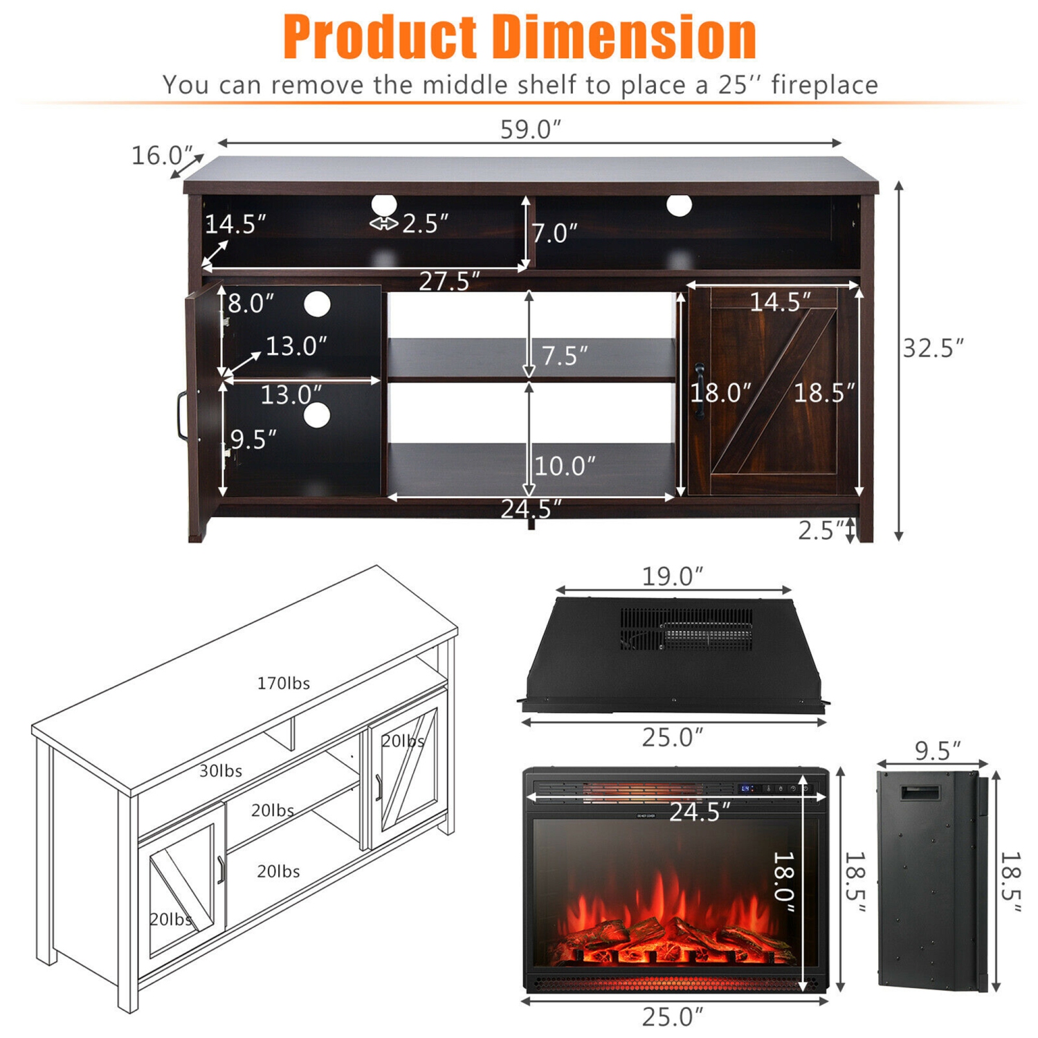 Gymax 59'' Fireplace TV Stand W/ 25'' 1350W Electric Fireplace Heater