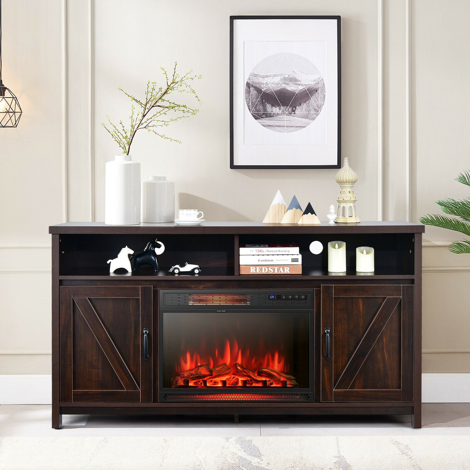 Gymax 59'' Fireplace TV Stand W/ 25'' 1350W Electric Fireplace Heater
