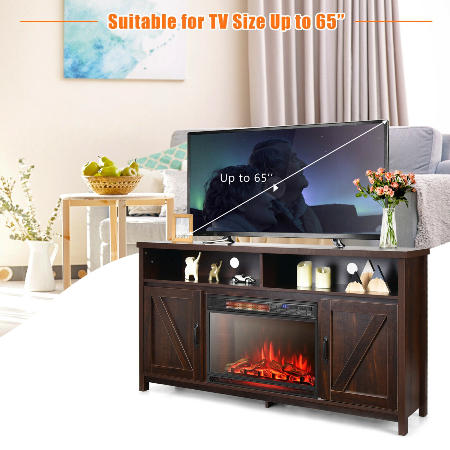 Gymax 59'' Fireplace TV Stand W/ 25'' 1350W Electric Fireplace Heater