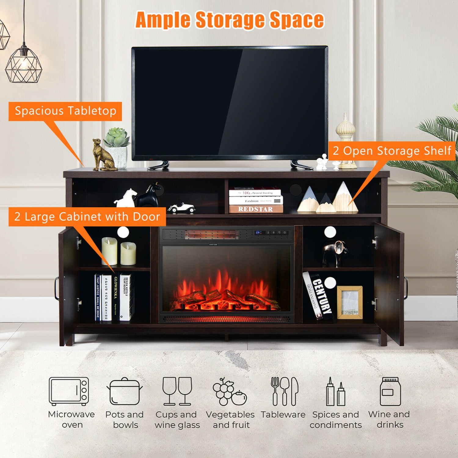 Gymax 59'' Fireplace TV Stand W/ 25'' 1350W Electric Fireplace Heater