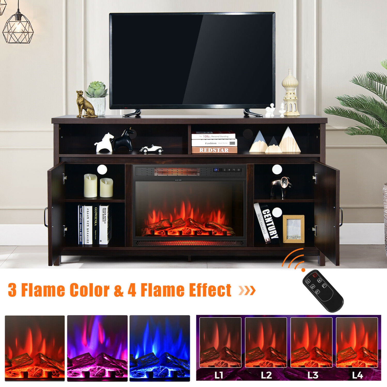 Gymax 59'' Fireplace TV Stand W/ 25'' 1350W Electric Fireplace Heater