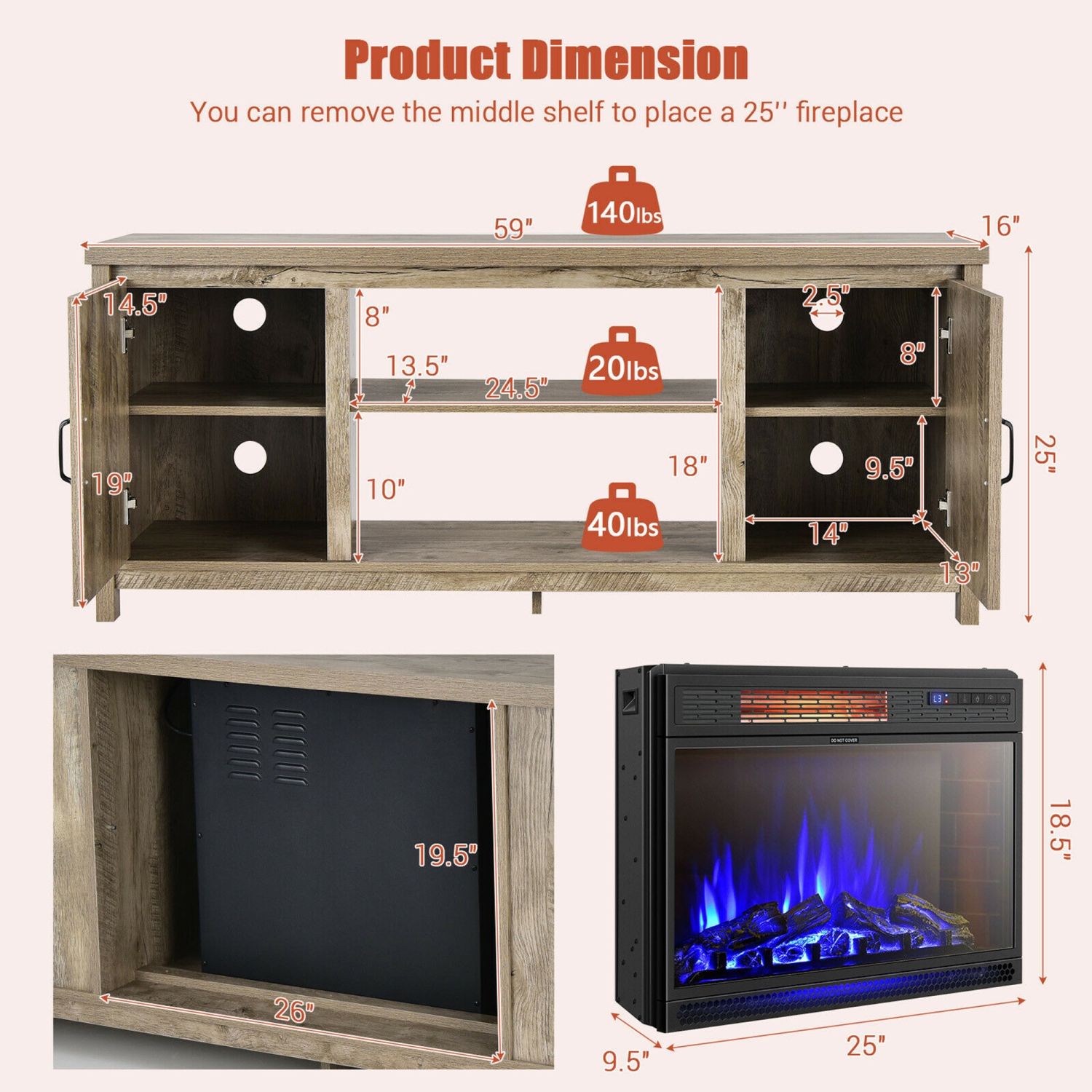 Gymax 59'' Fireplace TV Stand W/ 25'' 1350W Electric Fireplace Heater