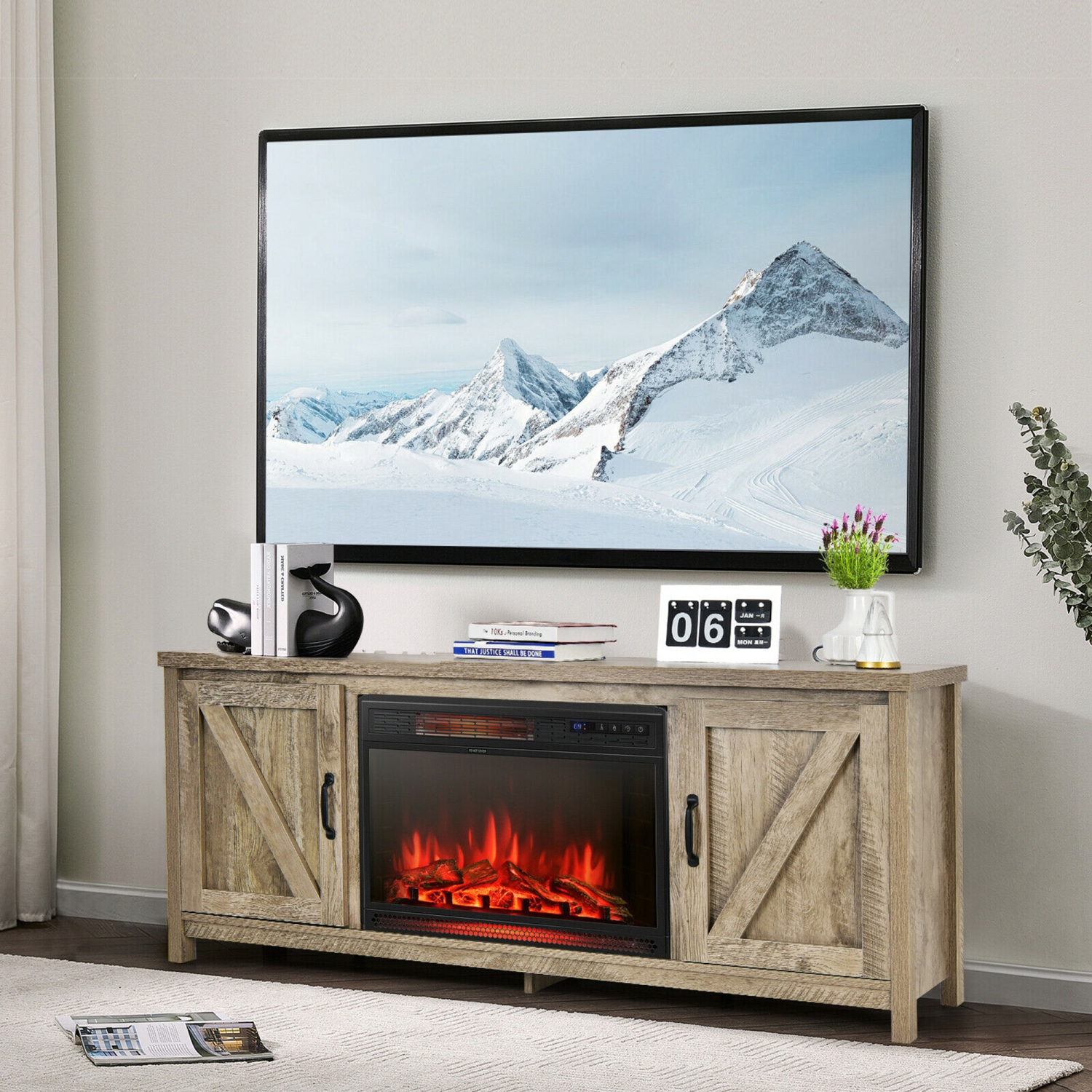 Gymax 59'' Fireplace TV Stand W/ 25'' 1350W Electric Fireplace Heater