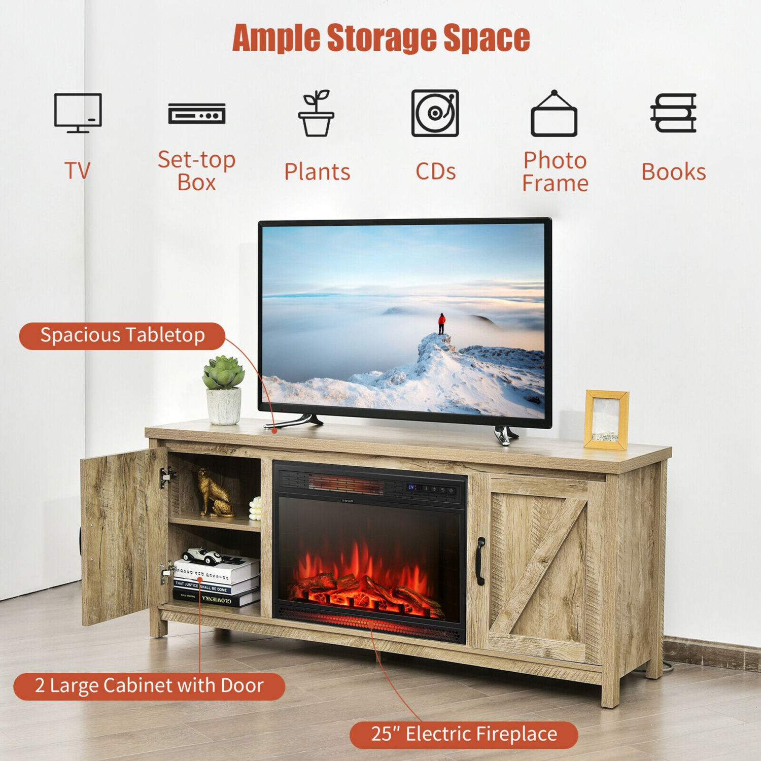 Gymax 59'' Fireplace TV Stand W/ 25'' 1350W Electric Fireplace Heater