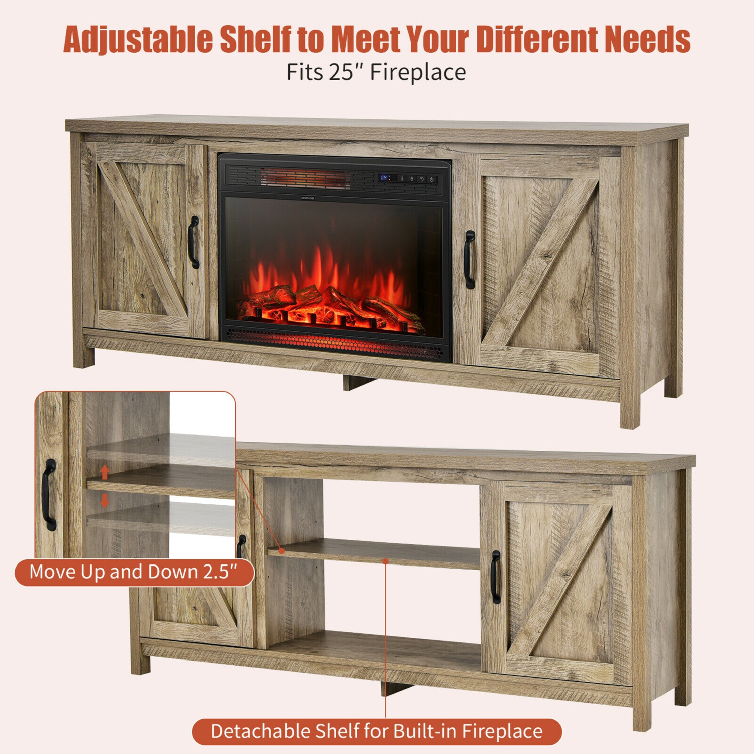 Gymax 59'' Fireplace TV Stand W/ 25'' 1350W Electric Fireplace Heater