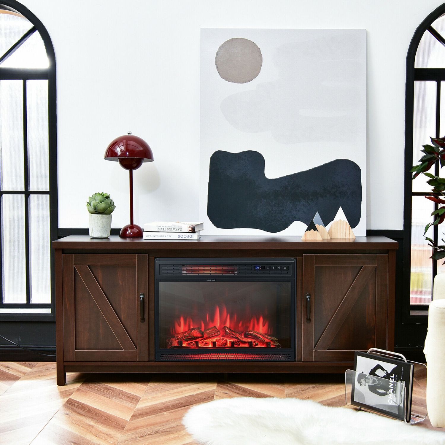 Meuble pour téléviseur 59 po avec foyer électrique Gymax et foyer électrique 1350 W 25 po