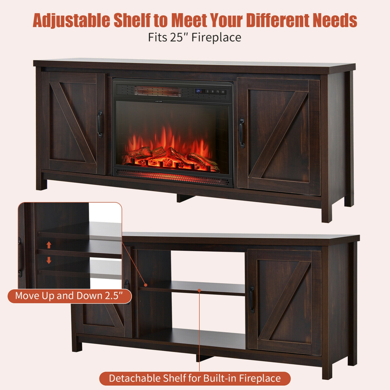 Meuble pour téléviseur 59 po avec foyer électrique Gymax et foyer électrique 1350 W 25 po