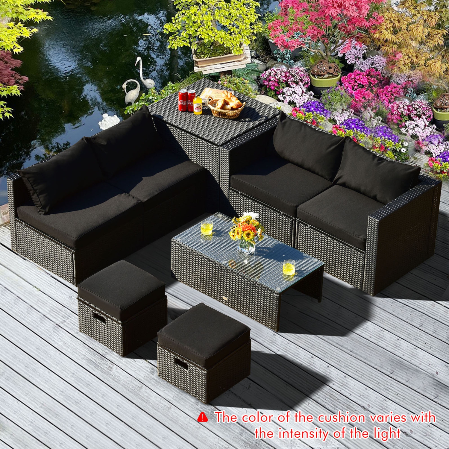 Gymax 8PCS Rattan Patio Sectional Furniture Set w/ Waterproof Cover & Black Cushions