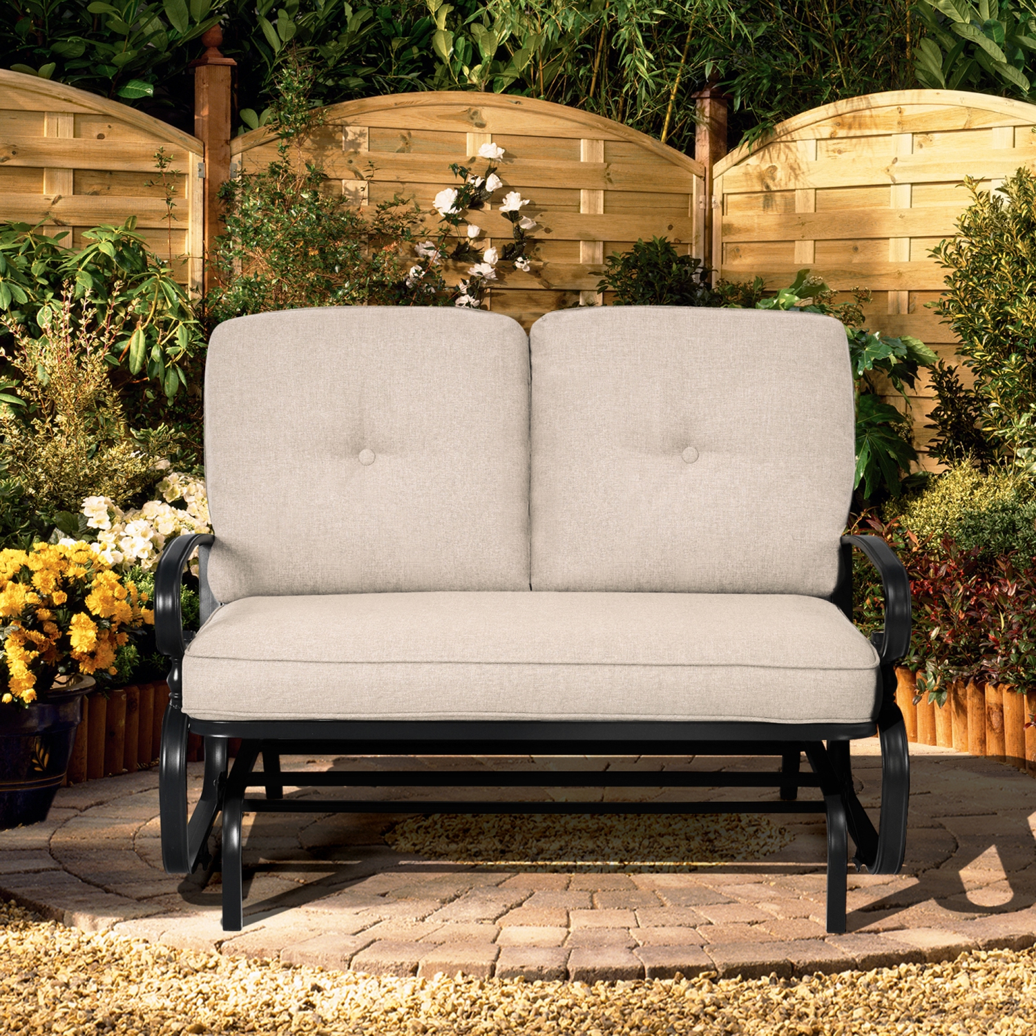 Gymax Patio Swing Glider Chair Rocking Loveseat Bench for 2 Persons w/ Beige Cushions
