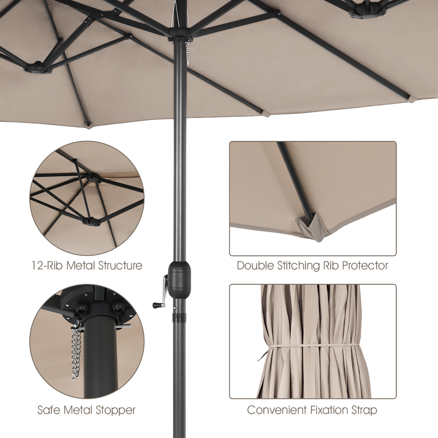 Costway 15FT Patio Double-Sided Umbrella Crank Outdoor Garden Market Sun Shade