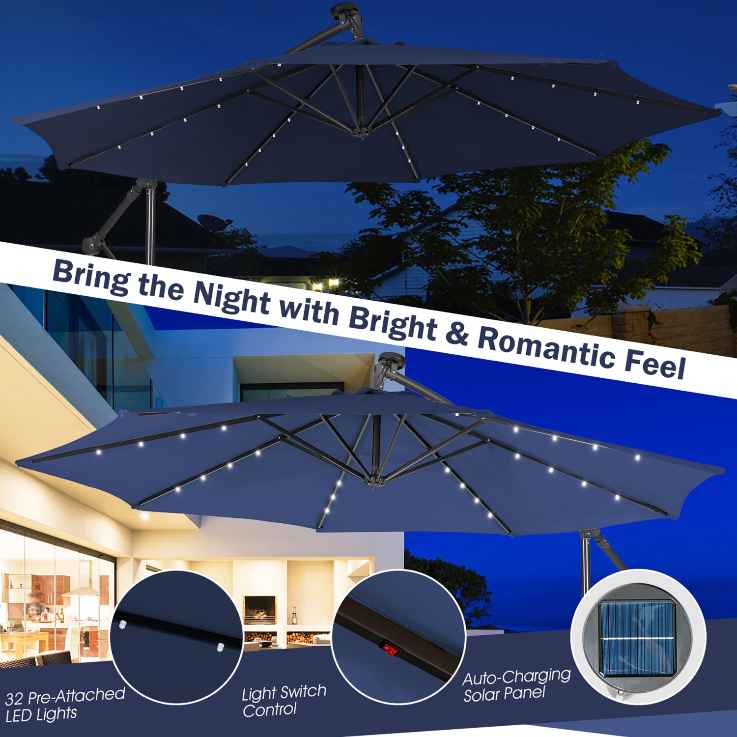 Costway 10FT Cantilever Solar Powered 32LED Lighted Patio Offset Umbrella Outdoor