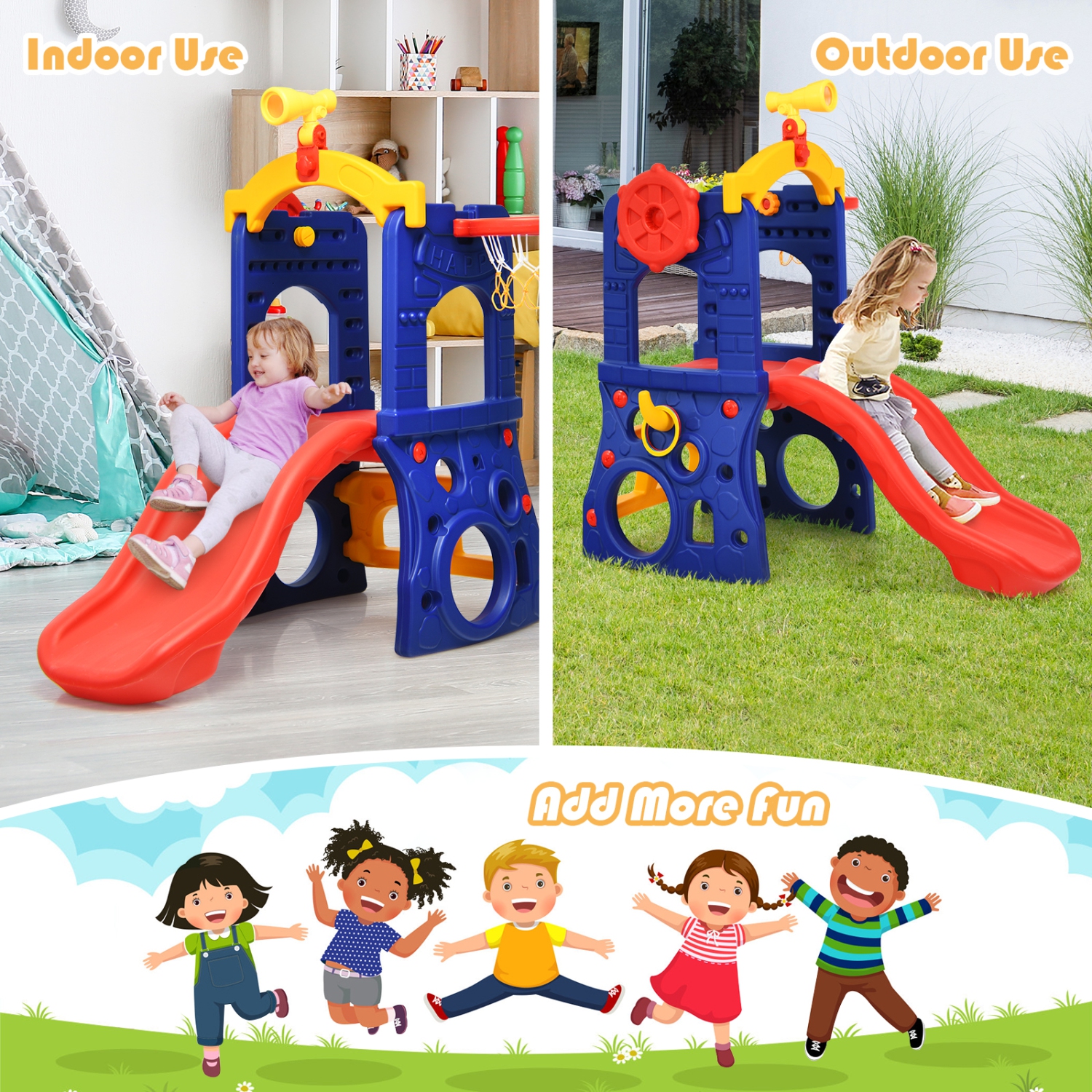 Topbuy 6-in-1 Freestanding Kids Toddler Slide Set with Basketball Hoop&Ring Toss Indoor&Outdoor