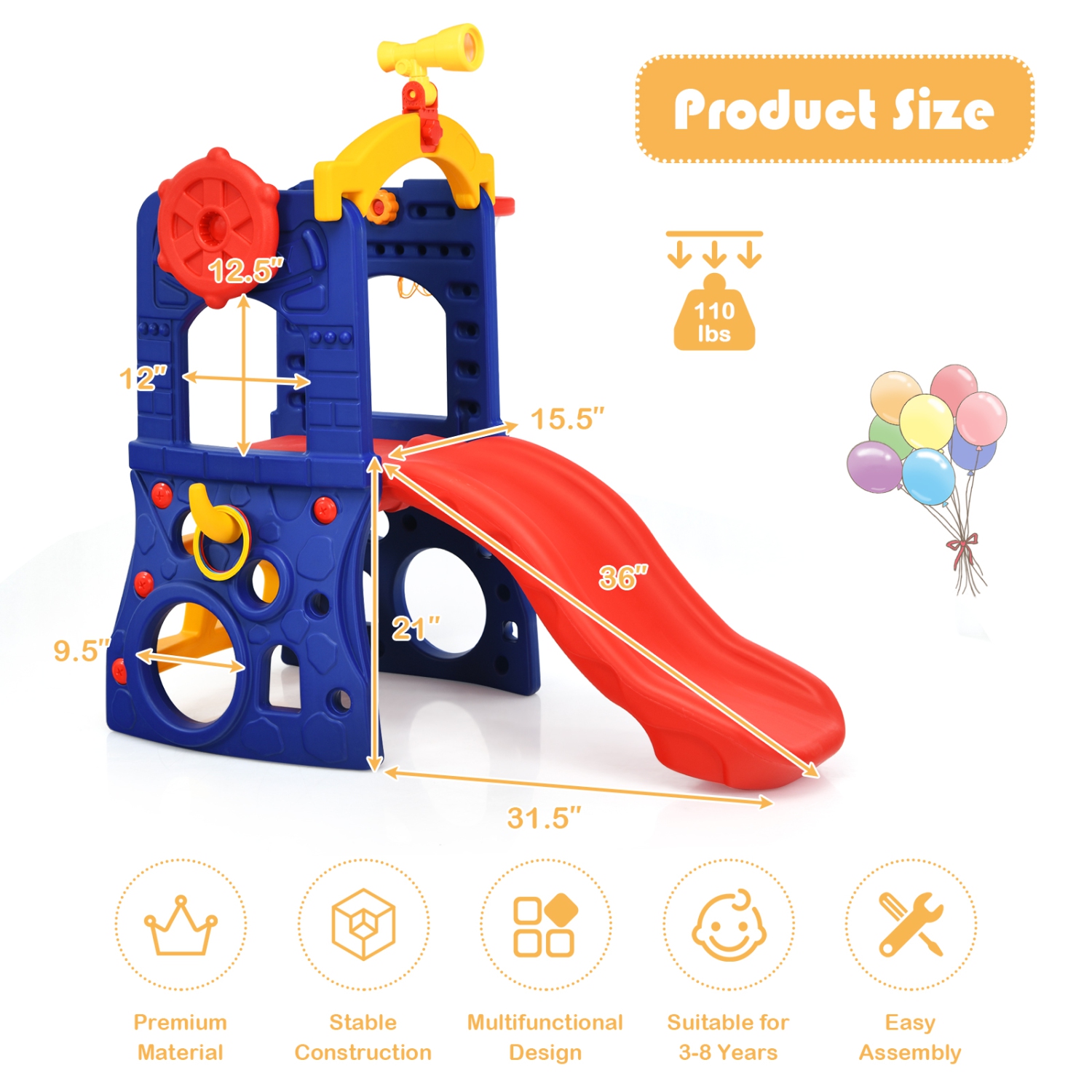 Topbuy 6-in-1 Freestanding Kids Toddler Slide Set with Basketball Hoop&Ring Toss Indoor&Outdoor