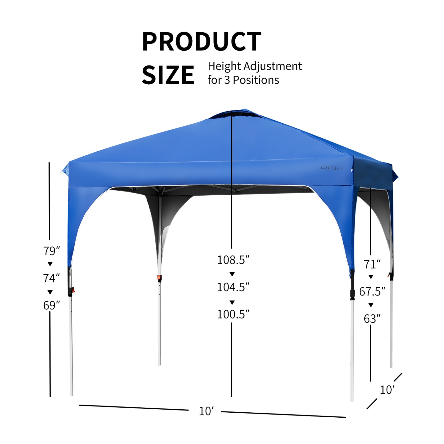 Patiojoy Pop-up Canopy Tent 10' x 10' Height Adjustable Commercial Instant Canopy w/ Portable Roller Bag Blue/ White/ Grey